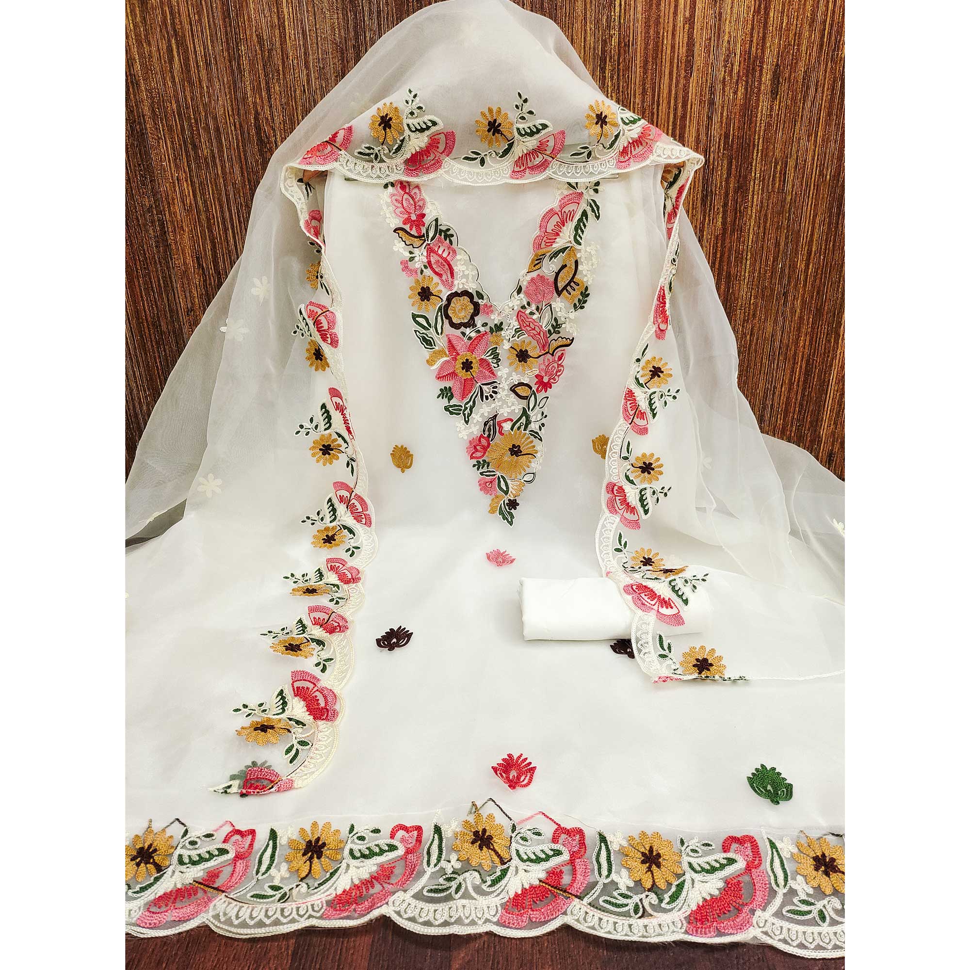 White Floral Embroidered Organza Dress Material