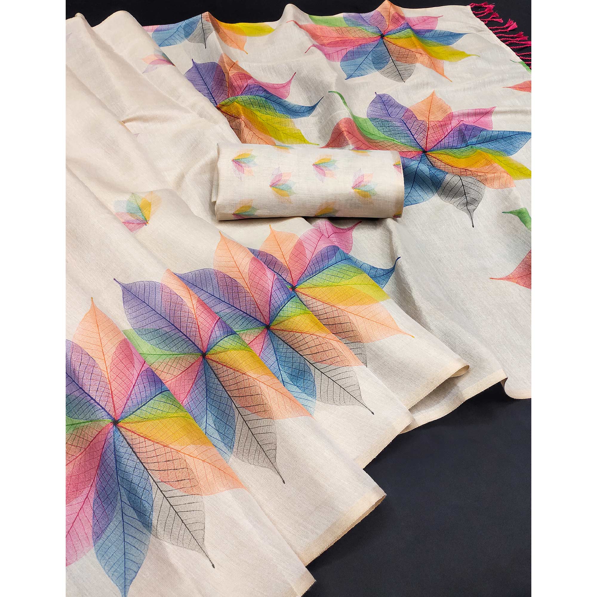 Light Chikoo Floral Printed Art Silk Saree With Tassels
