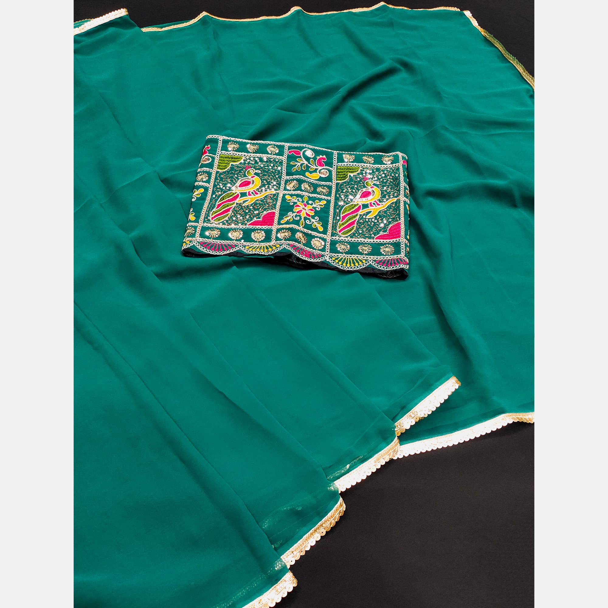 Rama Green Solid Georgette Saree With Sequins Border