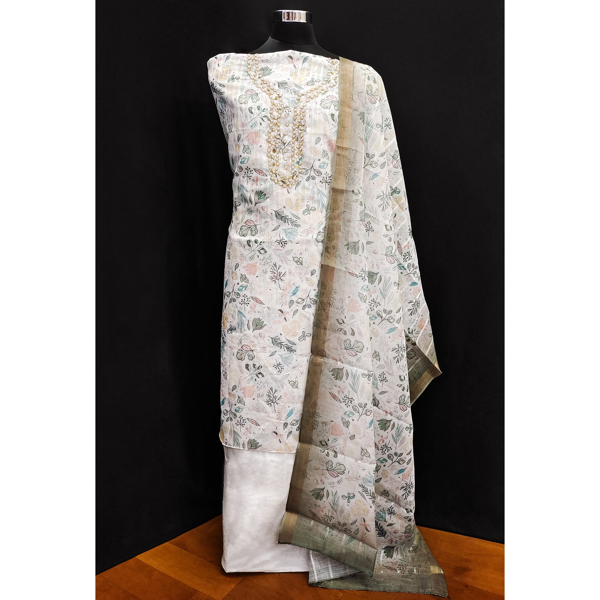 Off White Floral Printed Linen Dress Material