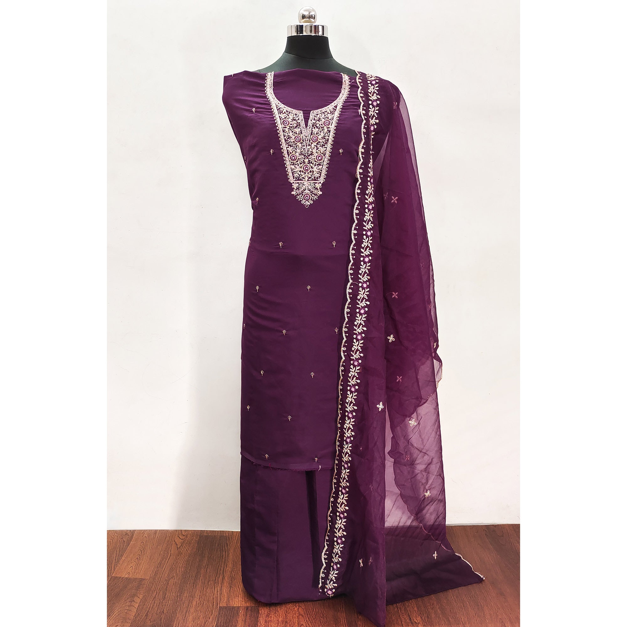 Purple Floral Embroidered Viscose Dress Material