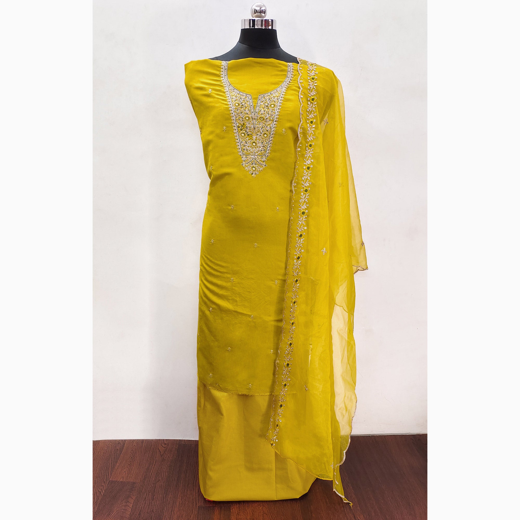 Yellow Floral Embroidered Viscose Dress Material