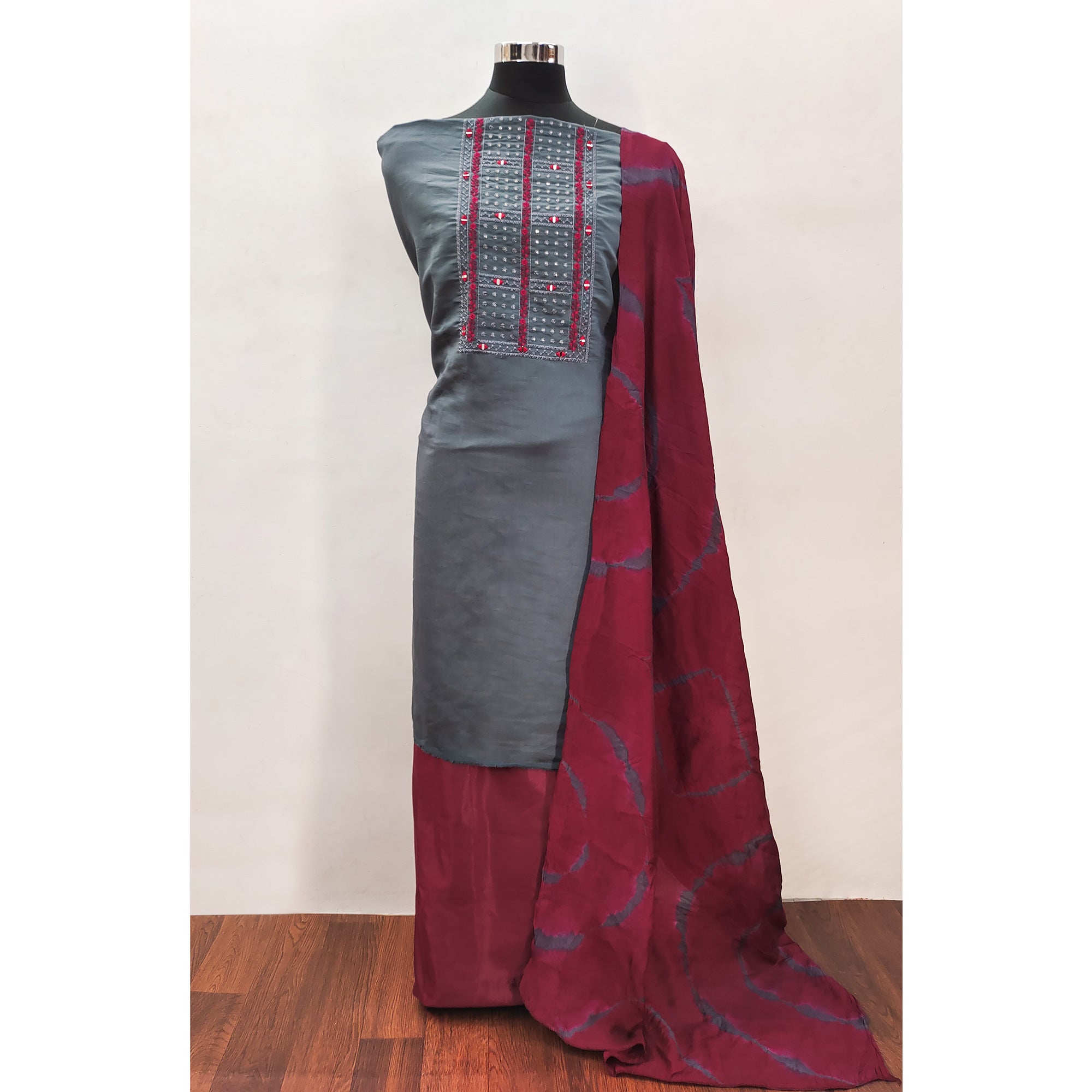 Grey Embroidered Viscose Dress Material