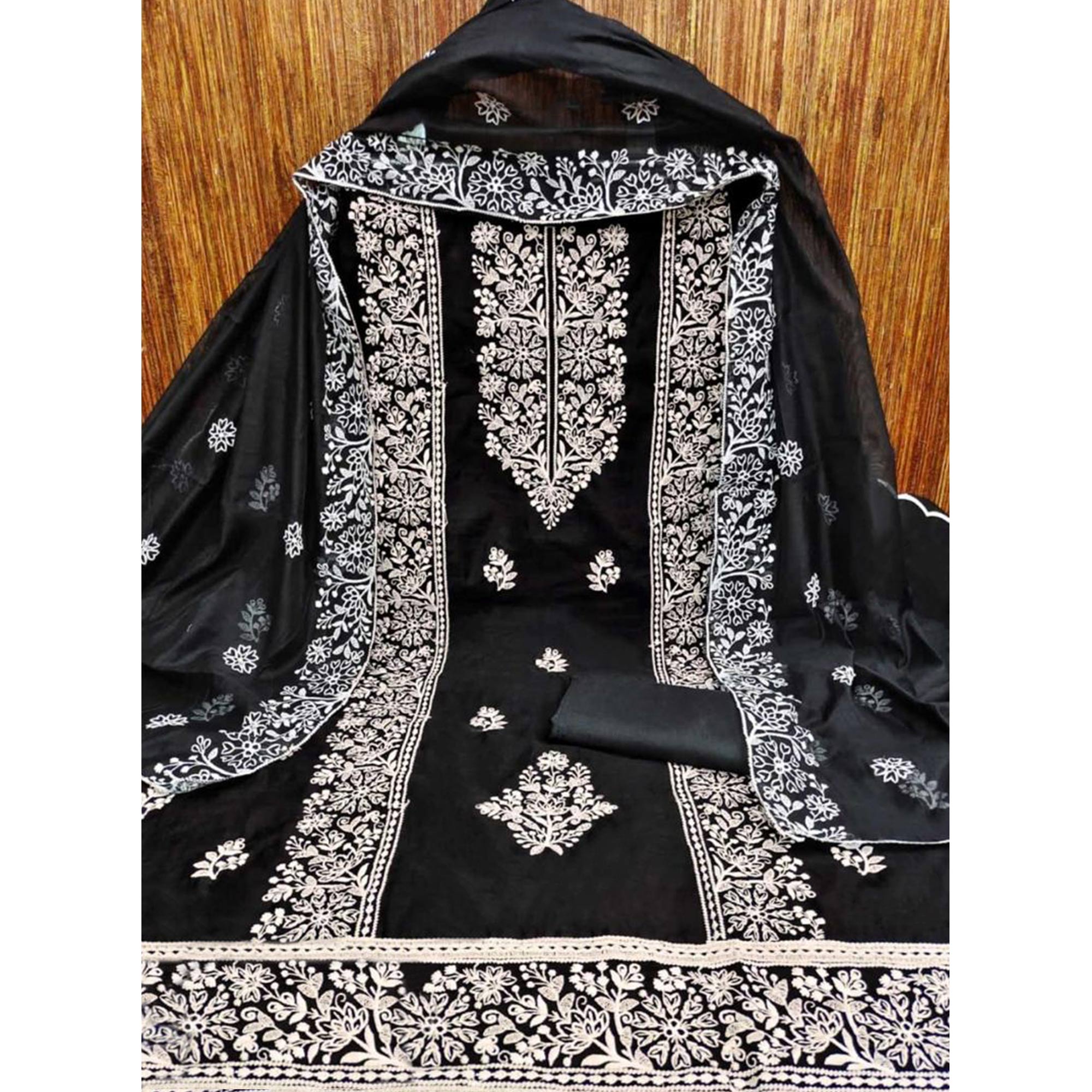 Black Floral Embroidered Chanderi Silk Dress Material