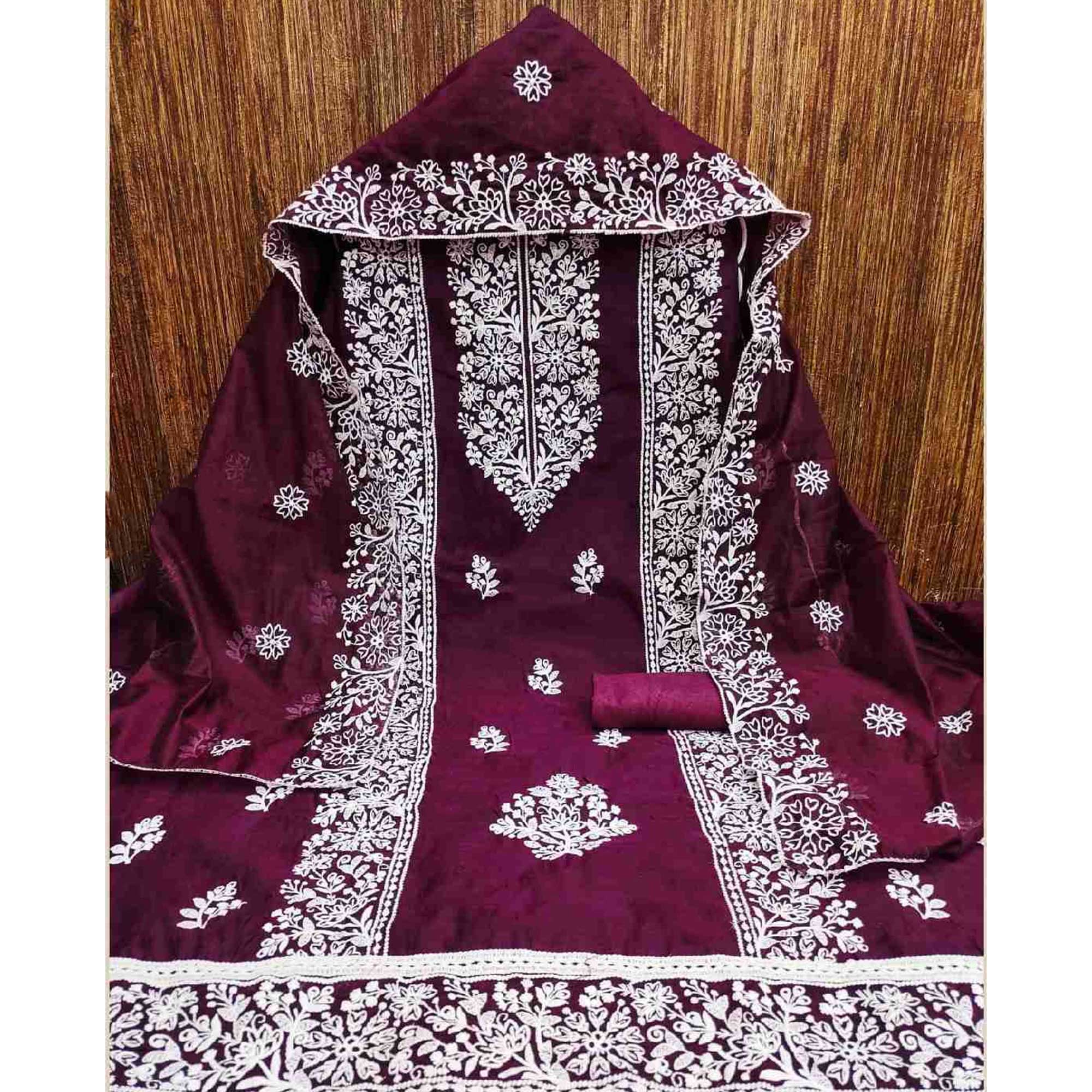 Wine Floral Embroidered Chanderi Silk Dress Material