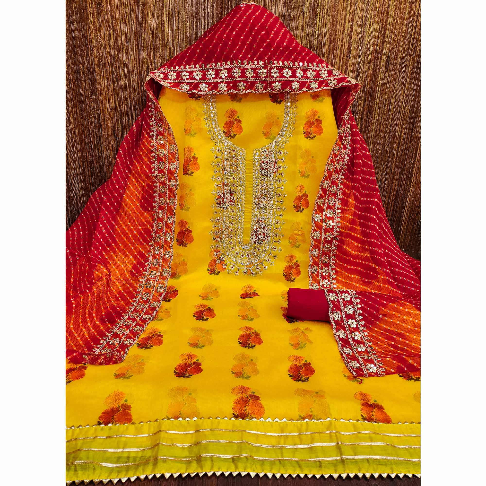 Yellow Floral Printed Chanderi Dress Material