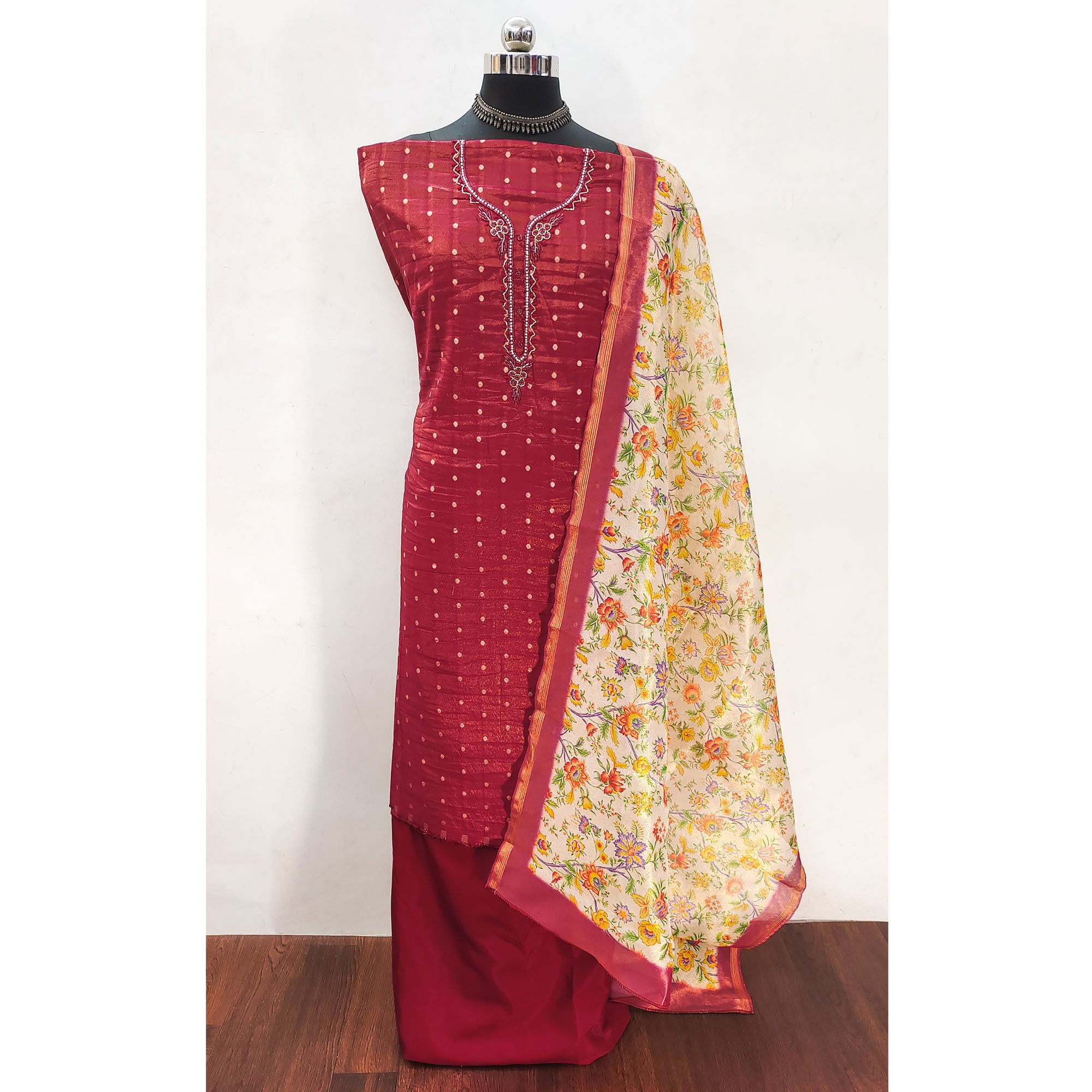 Red Zari Work Woven Net Dress Material