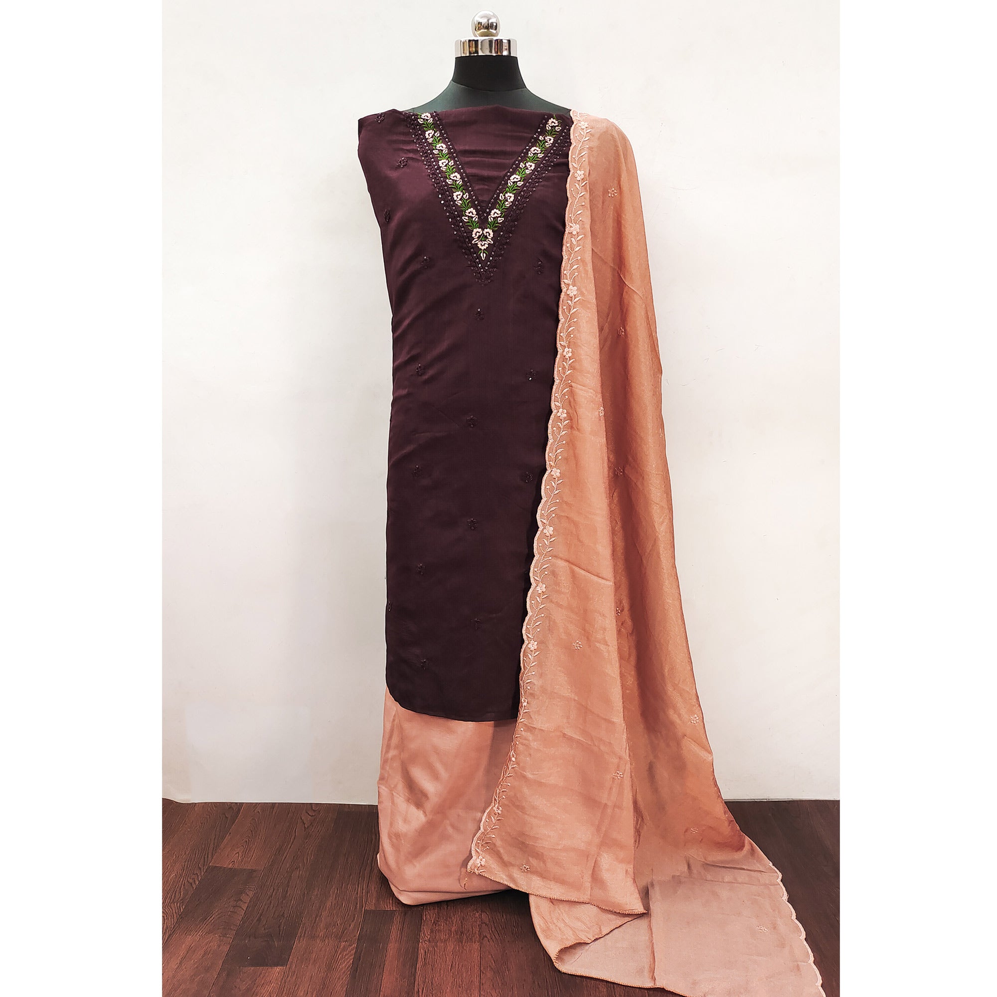 Wine Floral Embroidered Vichitra Silk Dress Material