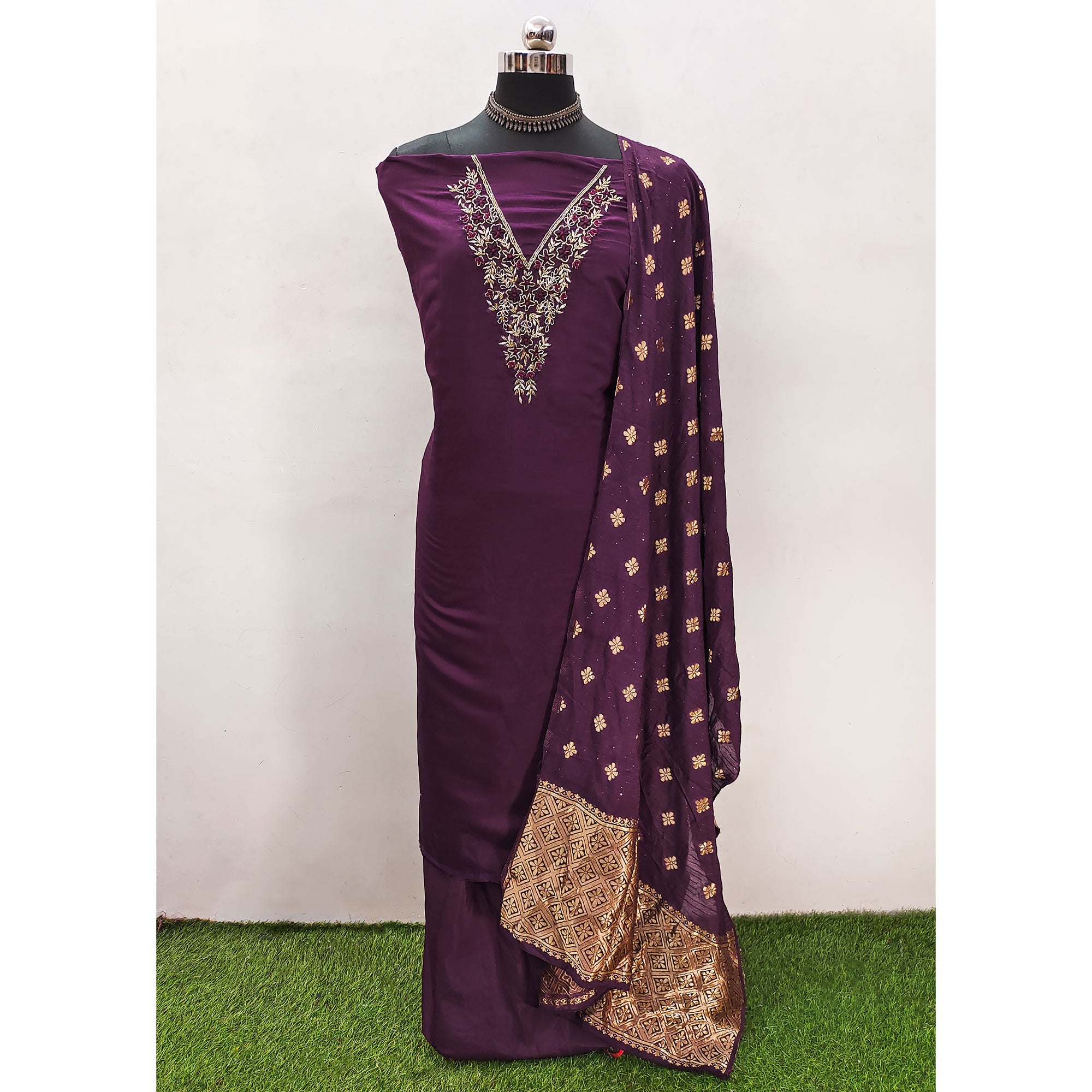 Purple Beads Embroidered Viscose Dress Material