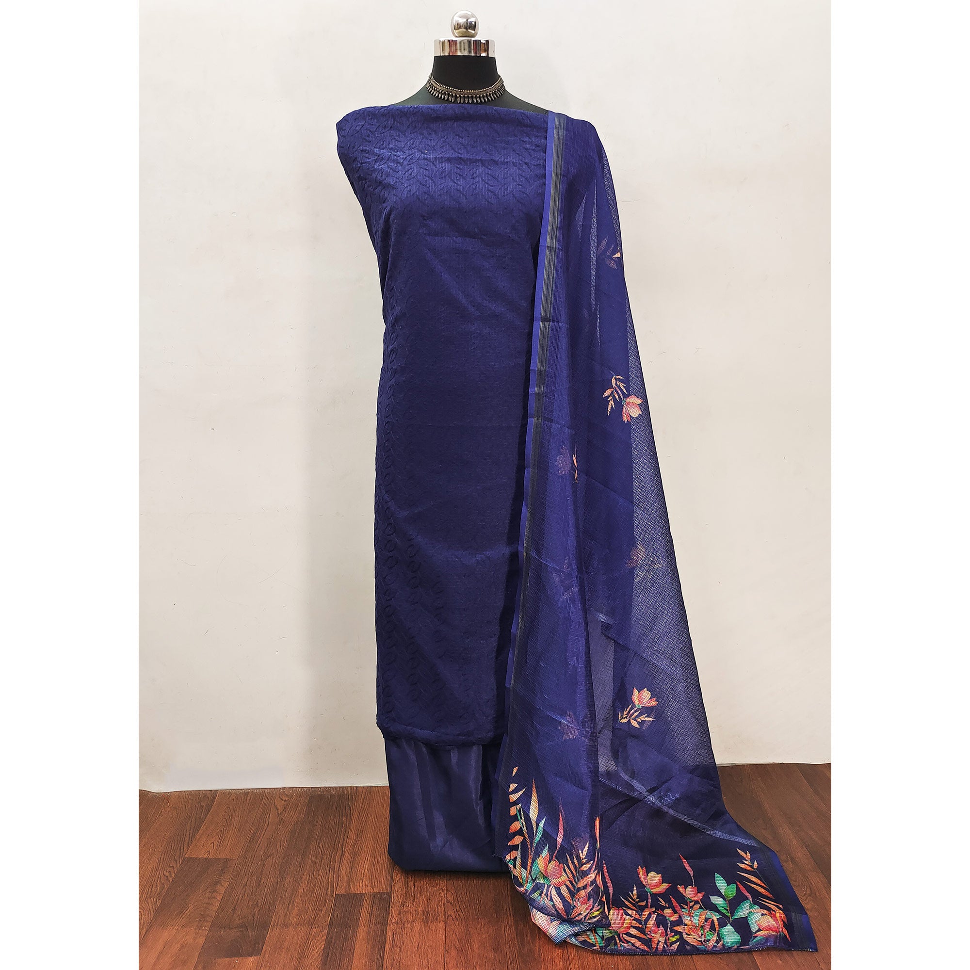 Blue Embroidered Kota Doria Dress Material