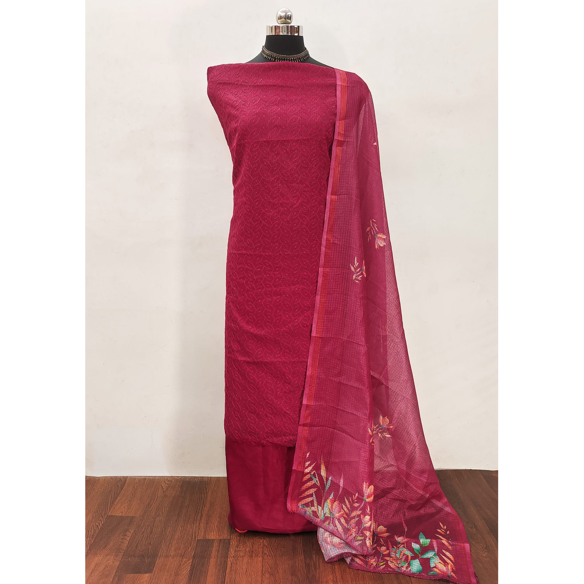 Dark Pink Embroidered Kota Doria Dress Material