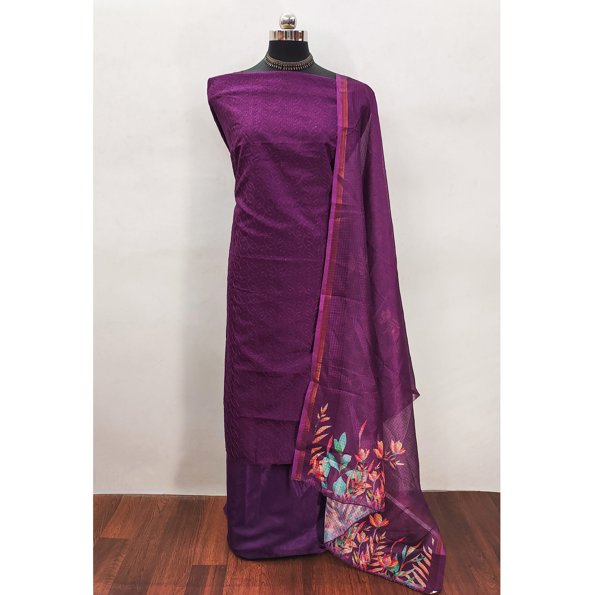 Dark Purple Embroidered Kota Doria Dress Material