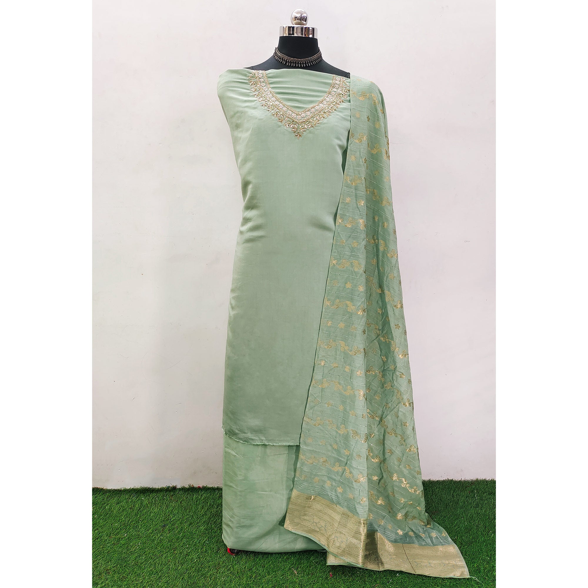 Green Beads Embroidered Viscose Dress Material