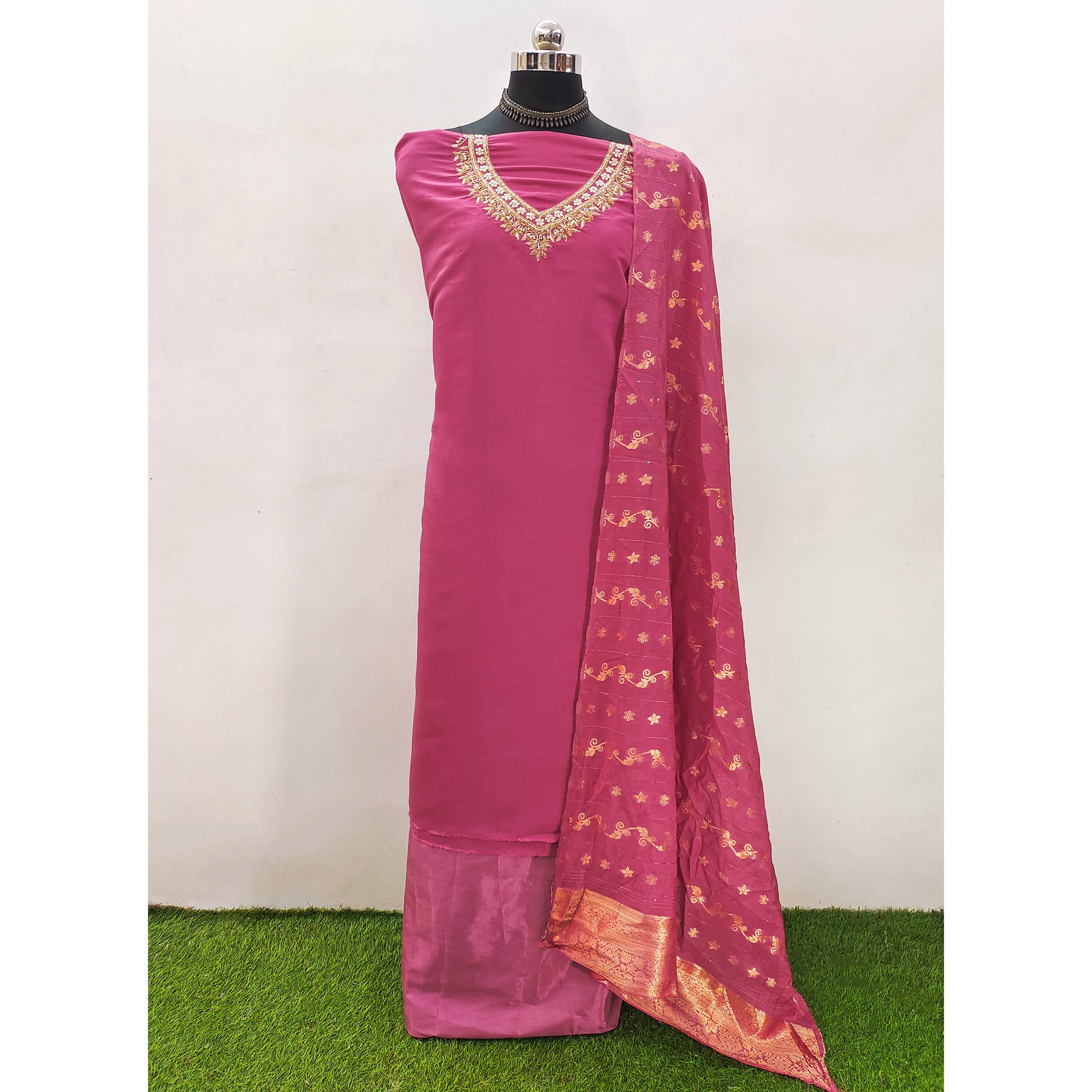 Pink Beads Embroidered Viscose Dress Material