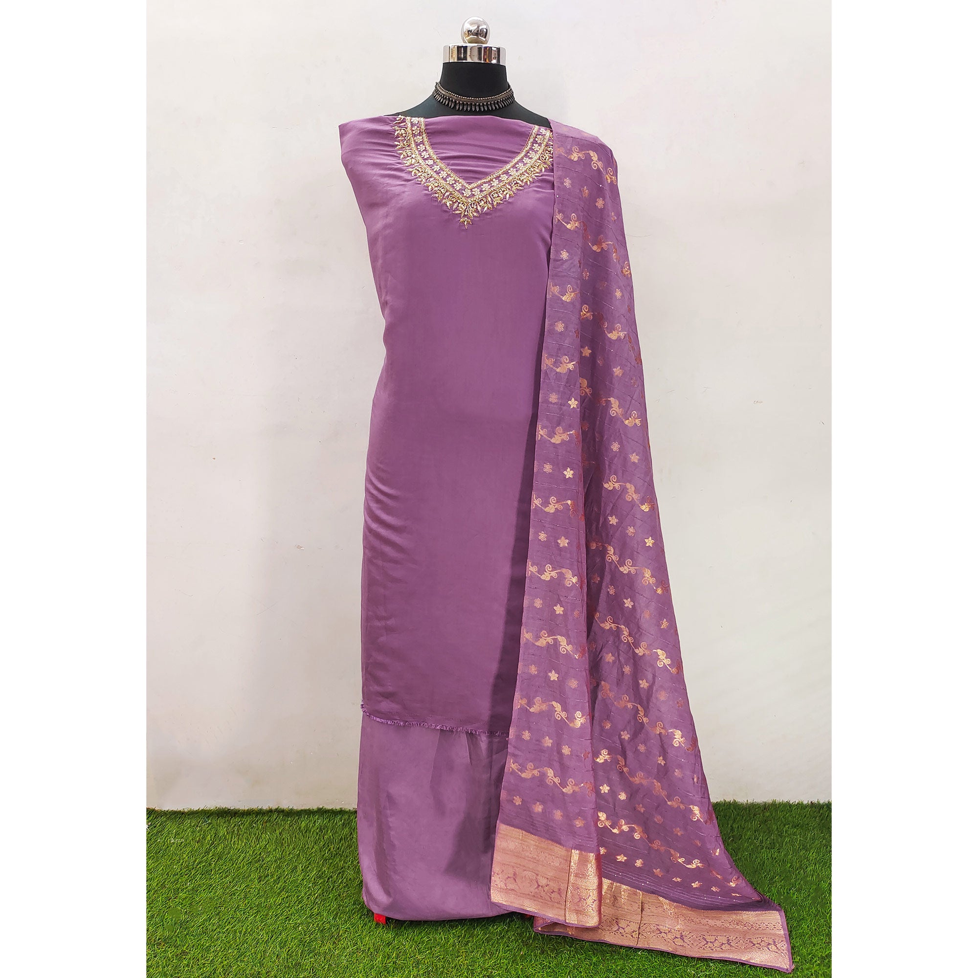 Purple Beads Embroidered Viscose Dress Material