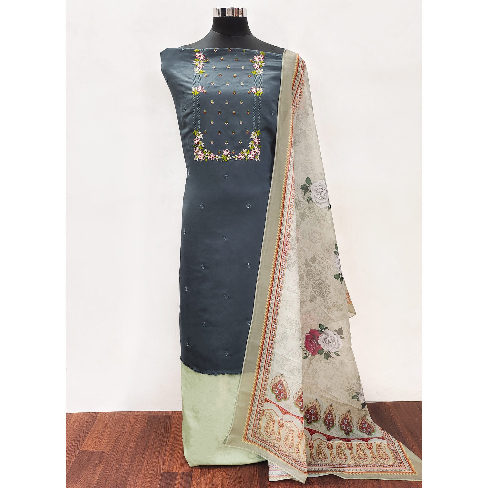 Grey Floral Embroidered Viscose Dress Material