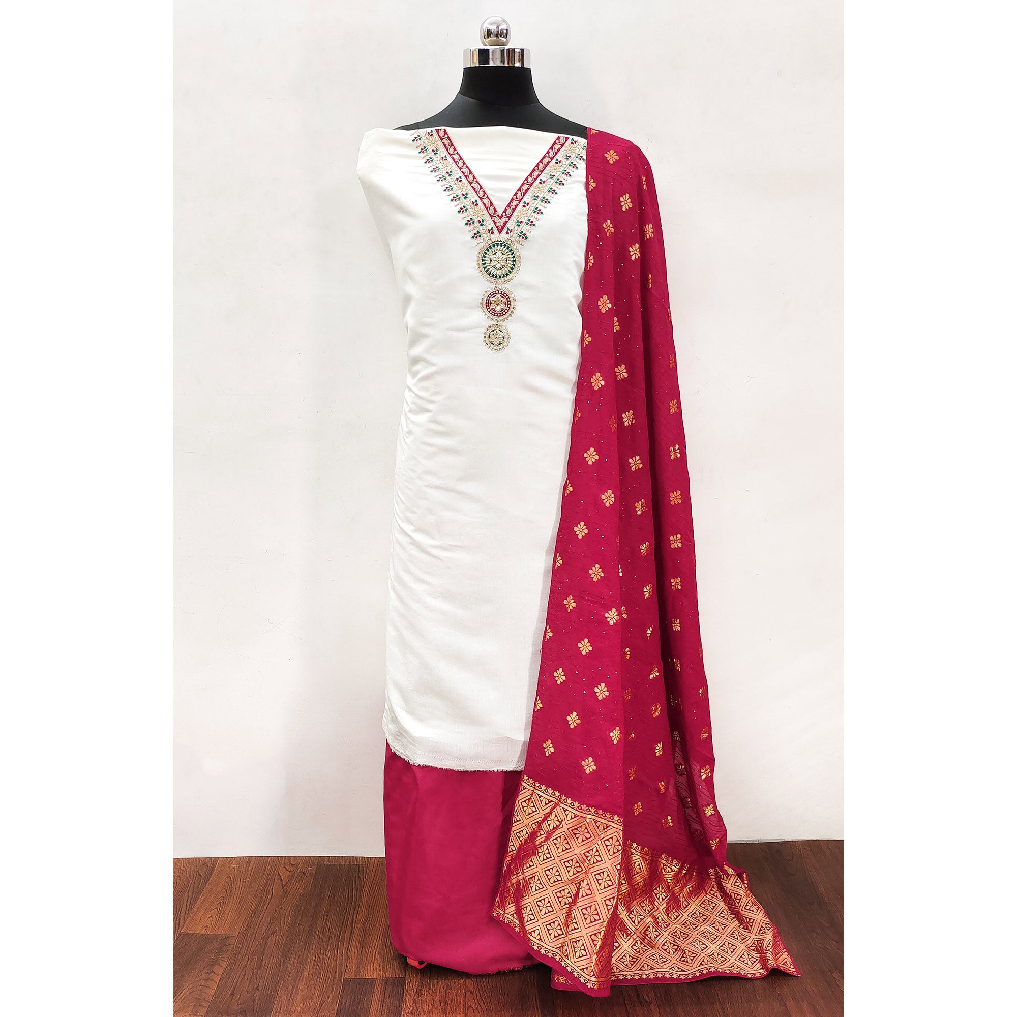 White Embroidered Viscose Dress Material