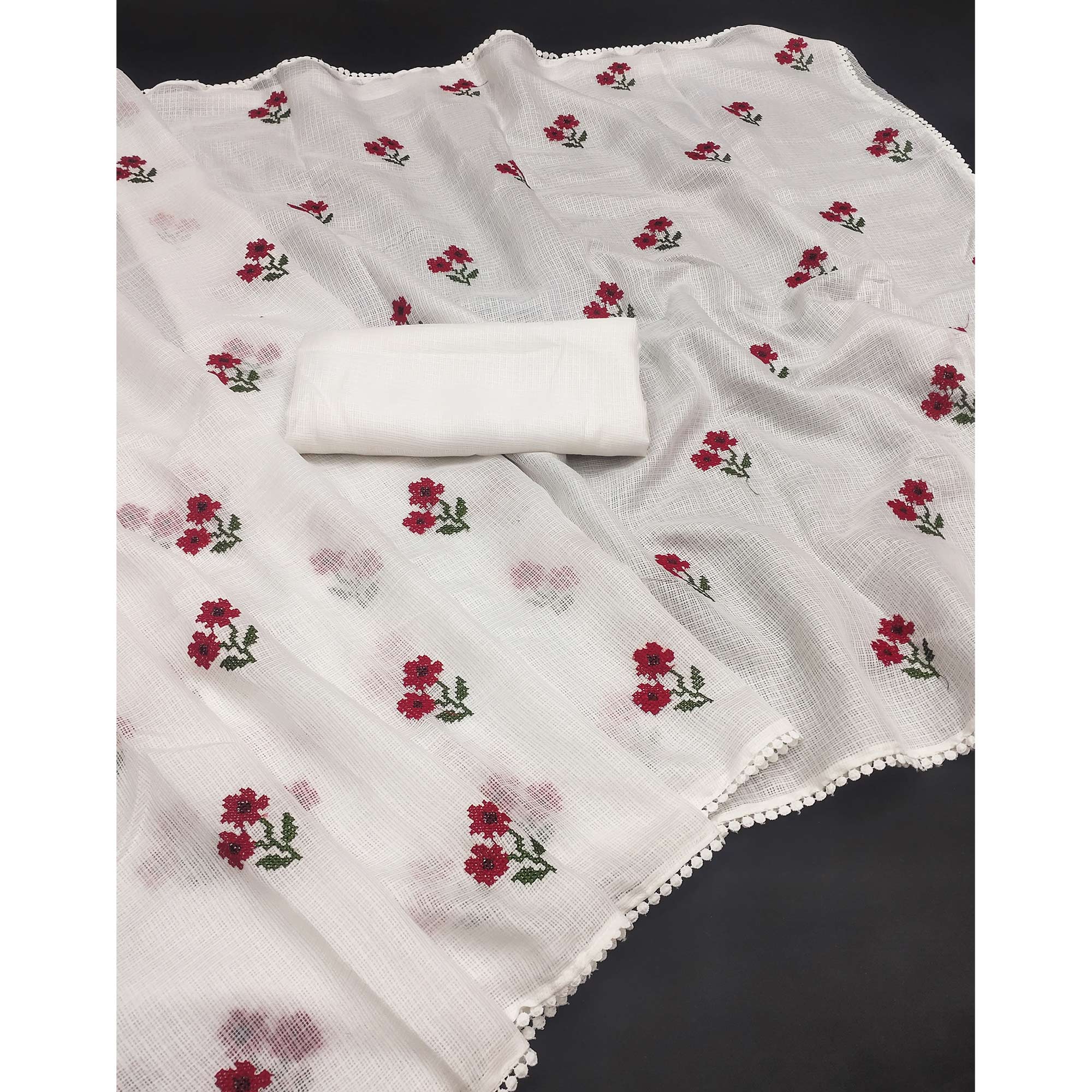 White Floral Embroidered Kota Doria Saree