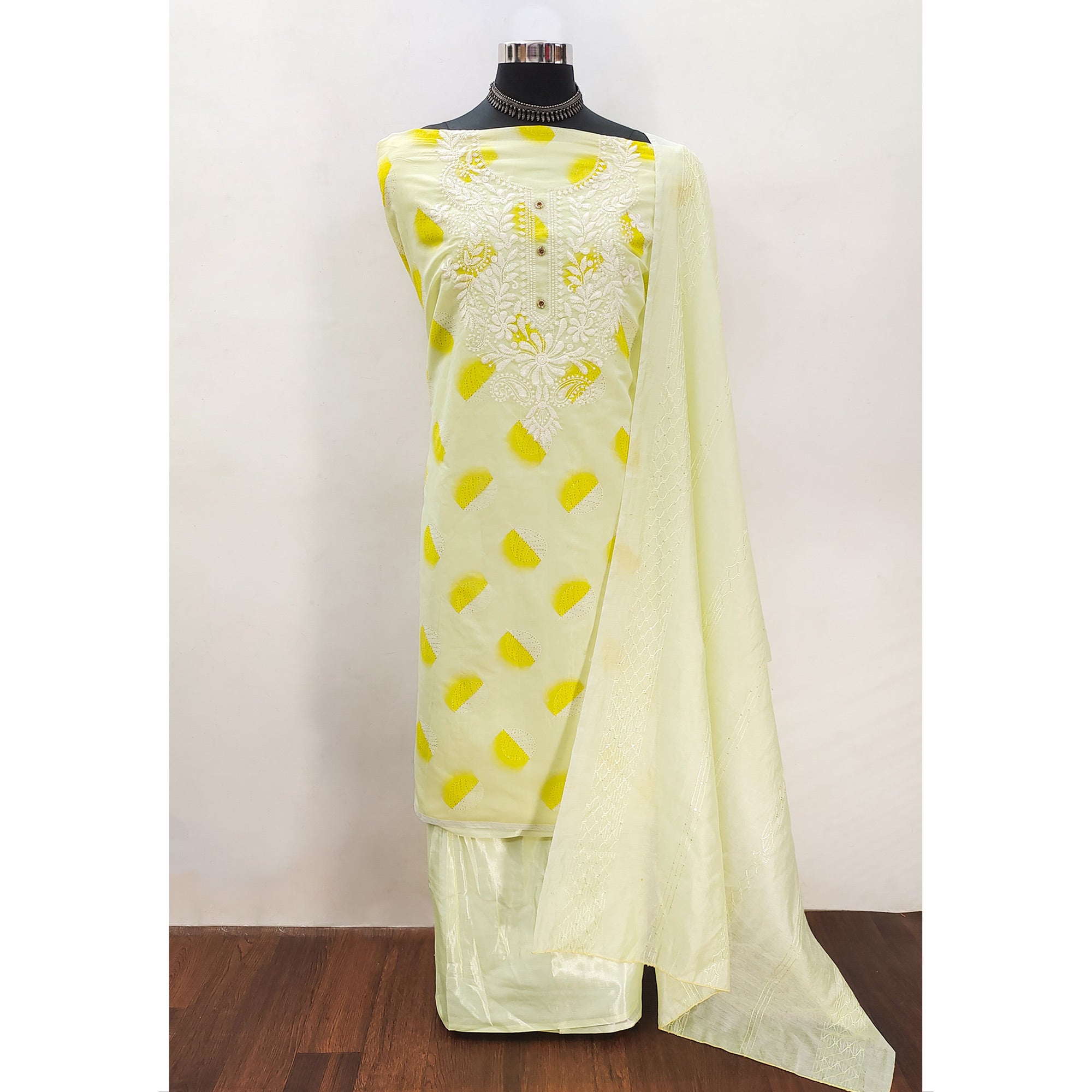 Light Yellow Embroidered Chanderi Dress Material