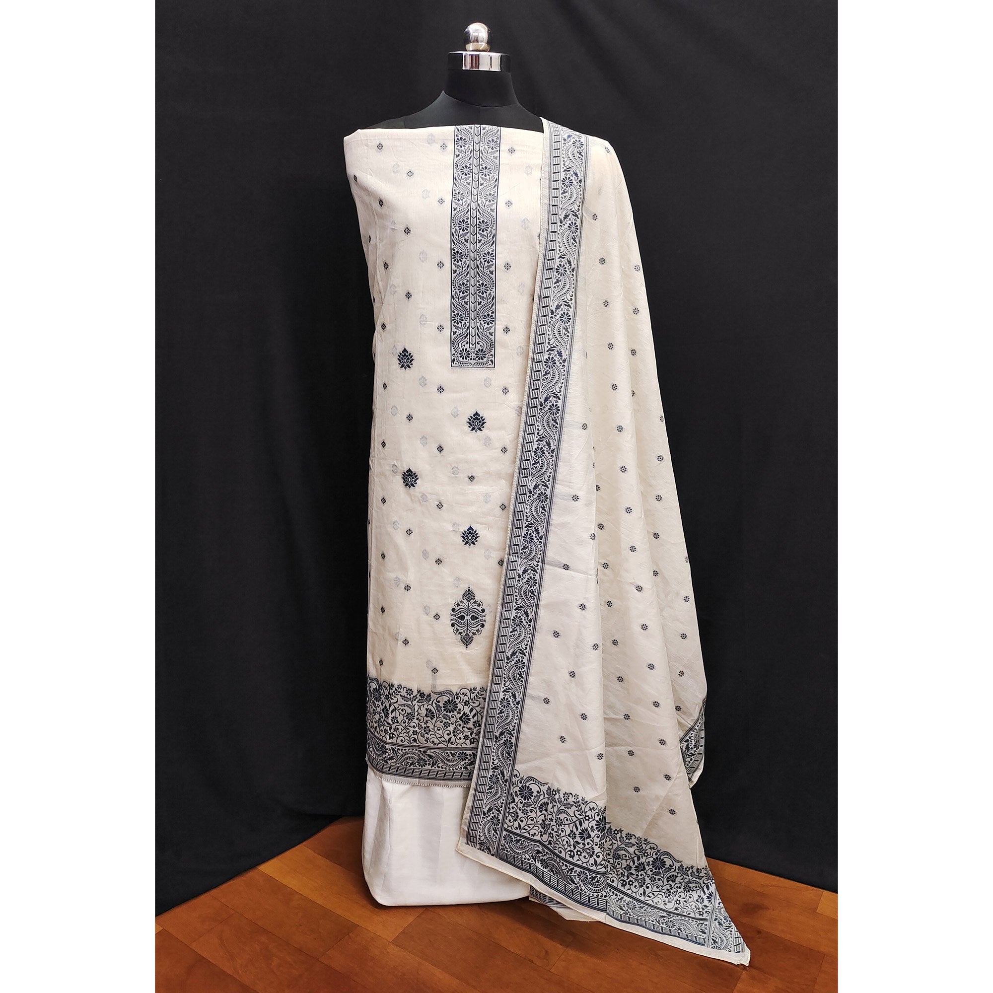 Off White & Navy Blue Woven Pure Cotton Dress Material