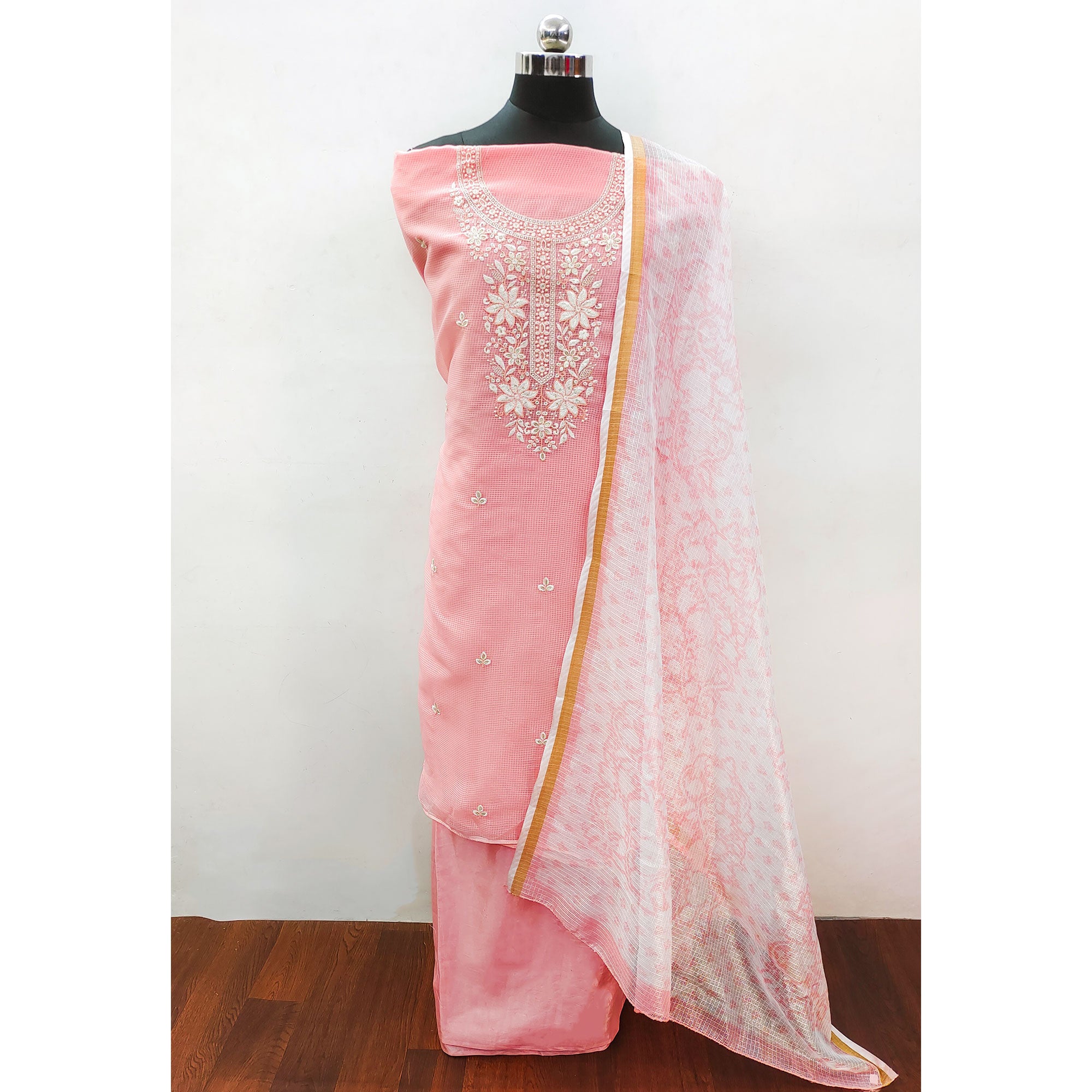 Peach Floral Embroidered Kota Doria Dress Material