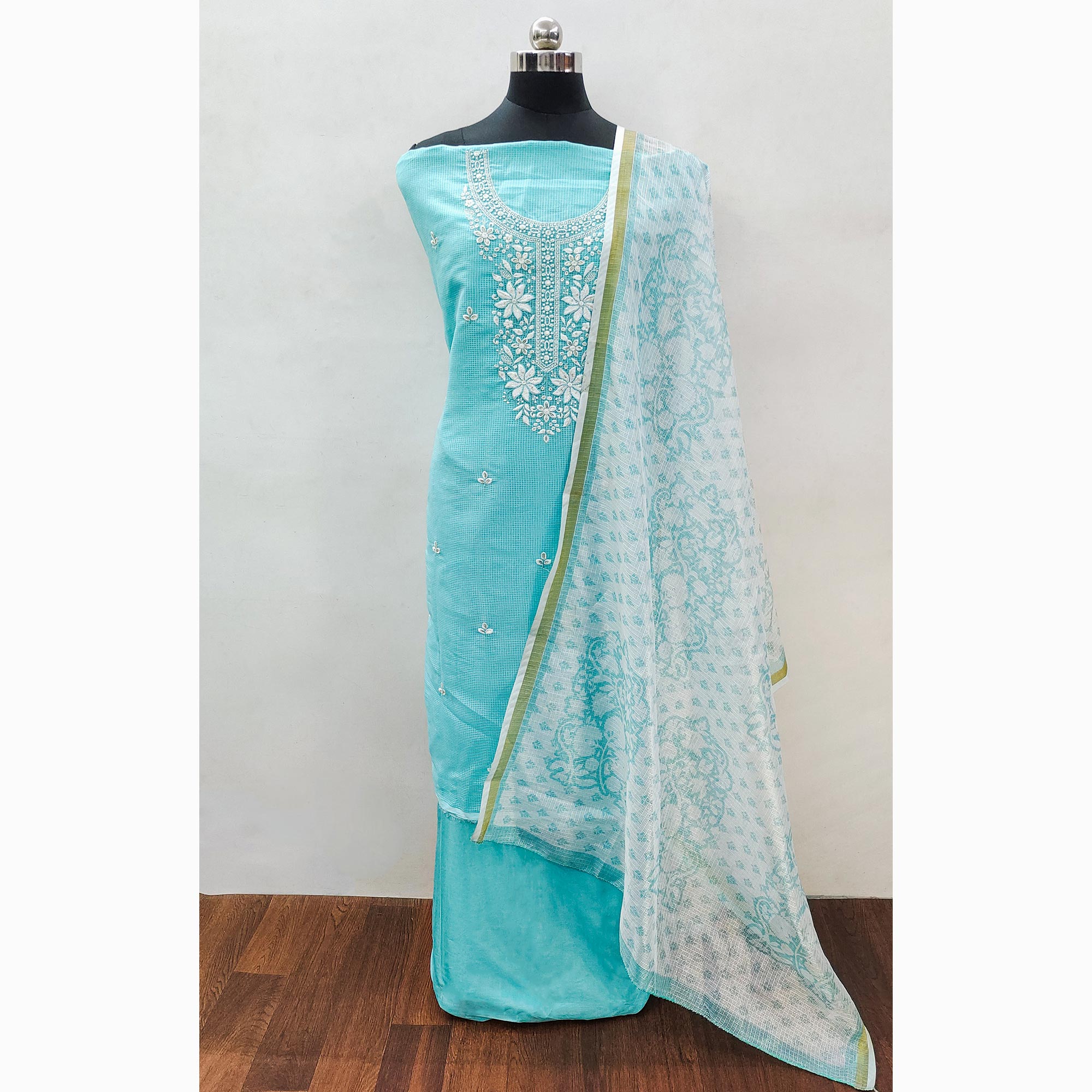 Turquoise Floral Embroidered Kota Doria Dress Material