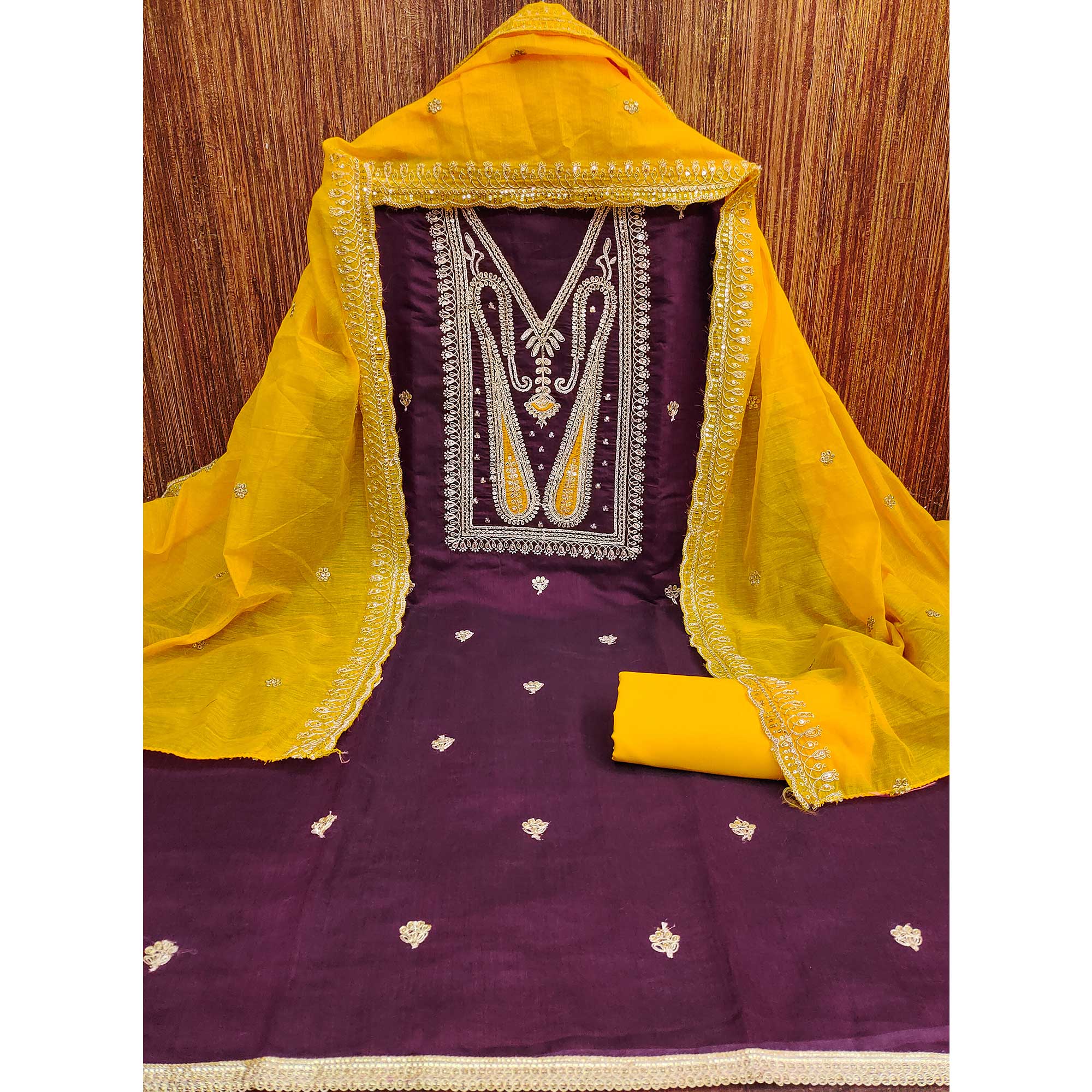 Wine Paisley Embroidered Chanderi Dress Material