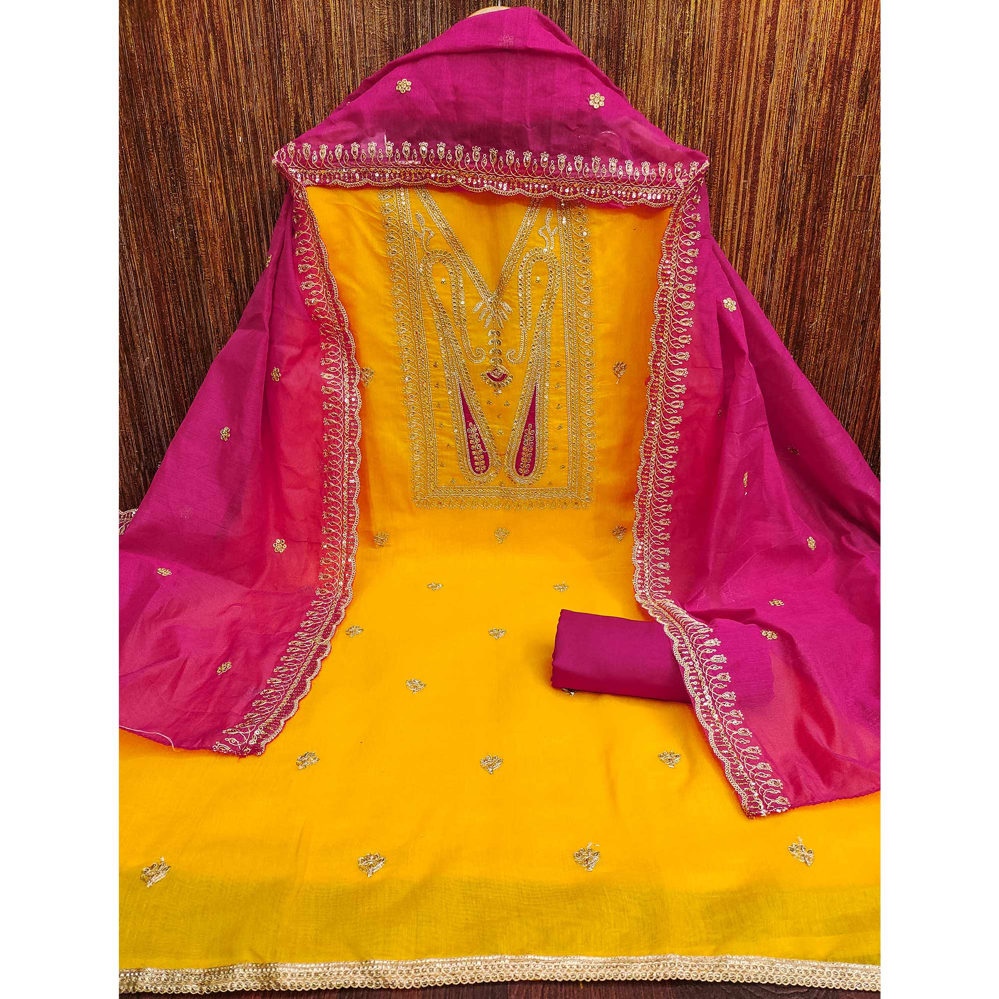 Yellow Paisley Embroidered Chanderi Dress Material