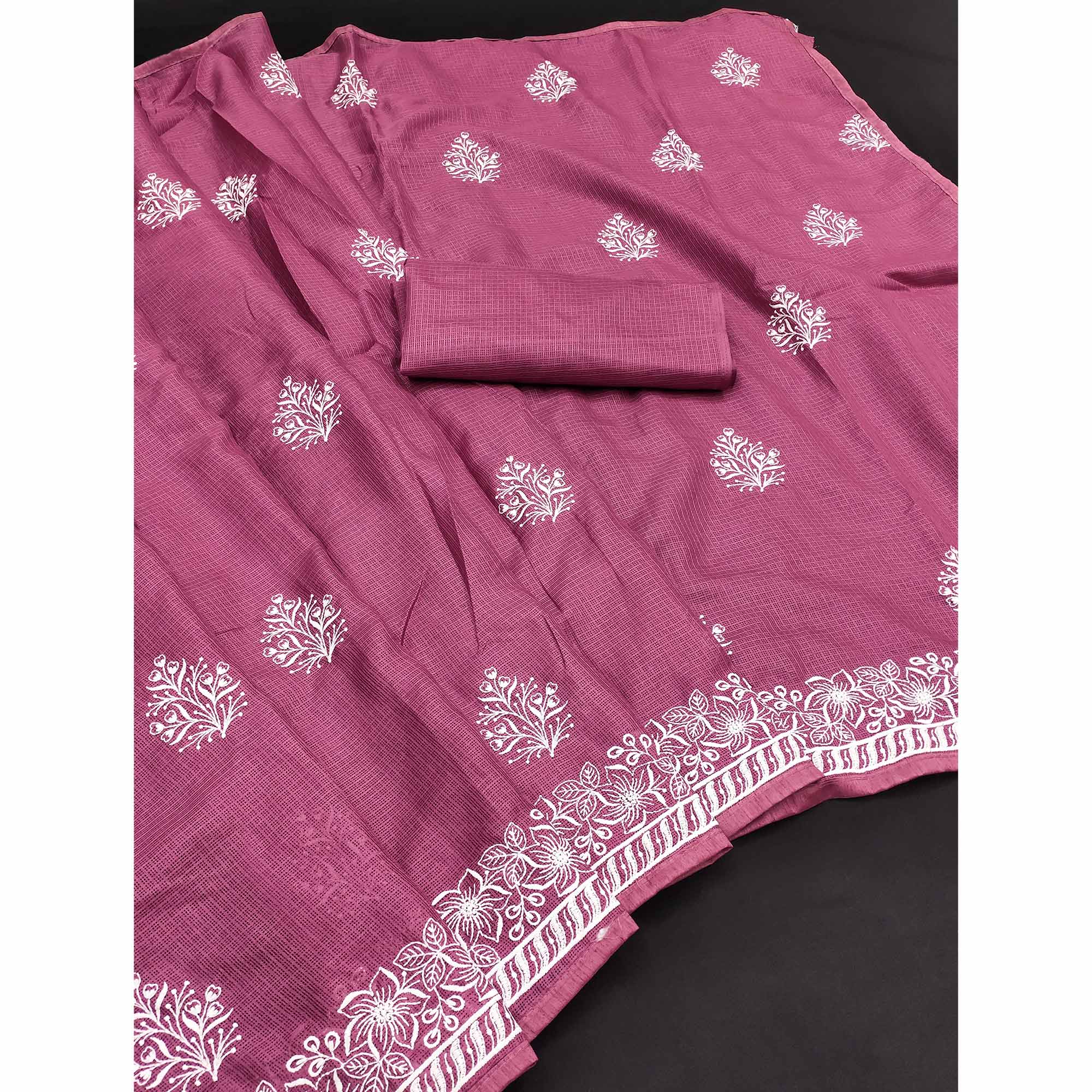 Elegant Dusty Pink Kota Doria Saree with Intricate Floral Embroidery Detailing