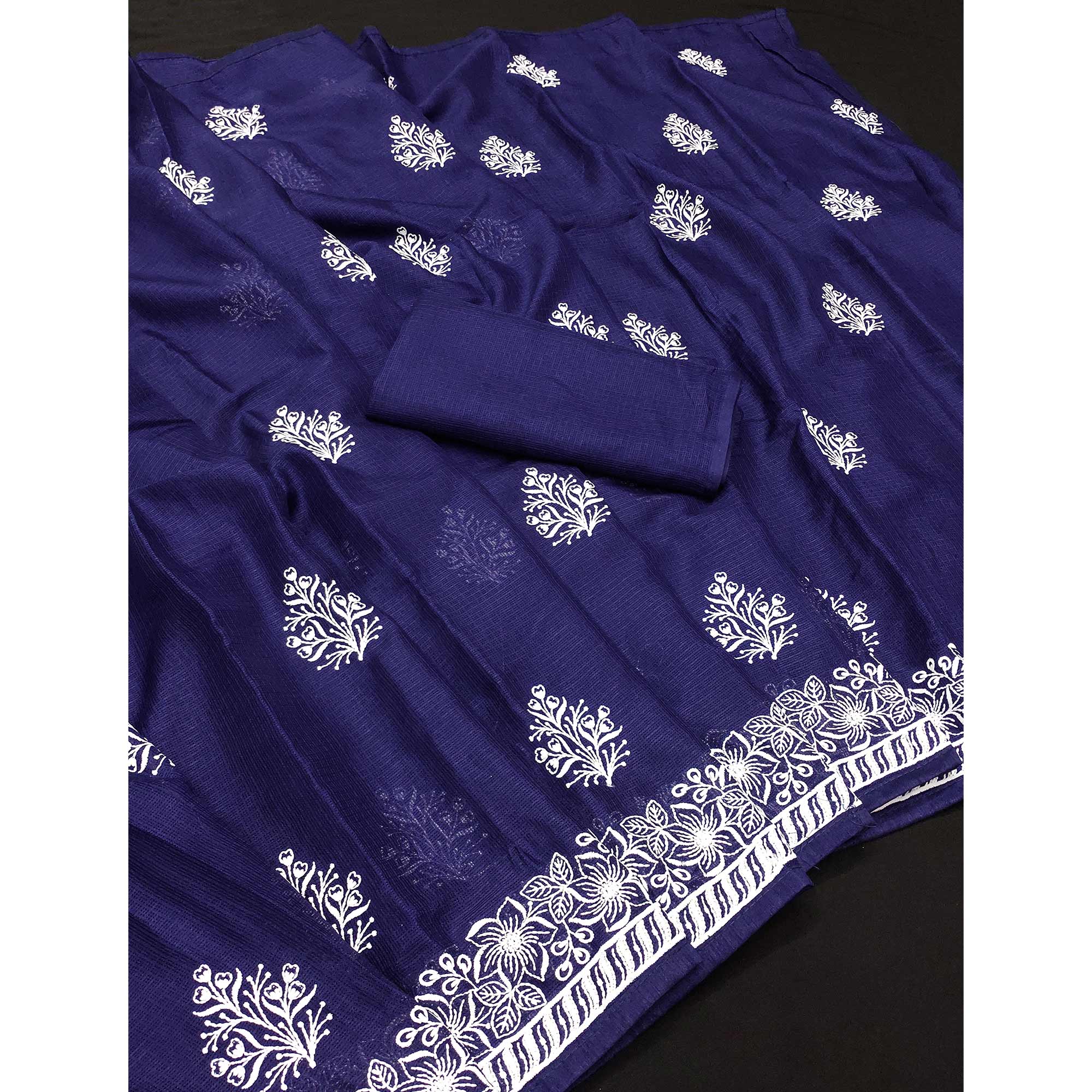Elegant Navy Blue Kota Doria Saree with Intricate Floral Embroidery Detailing
