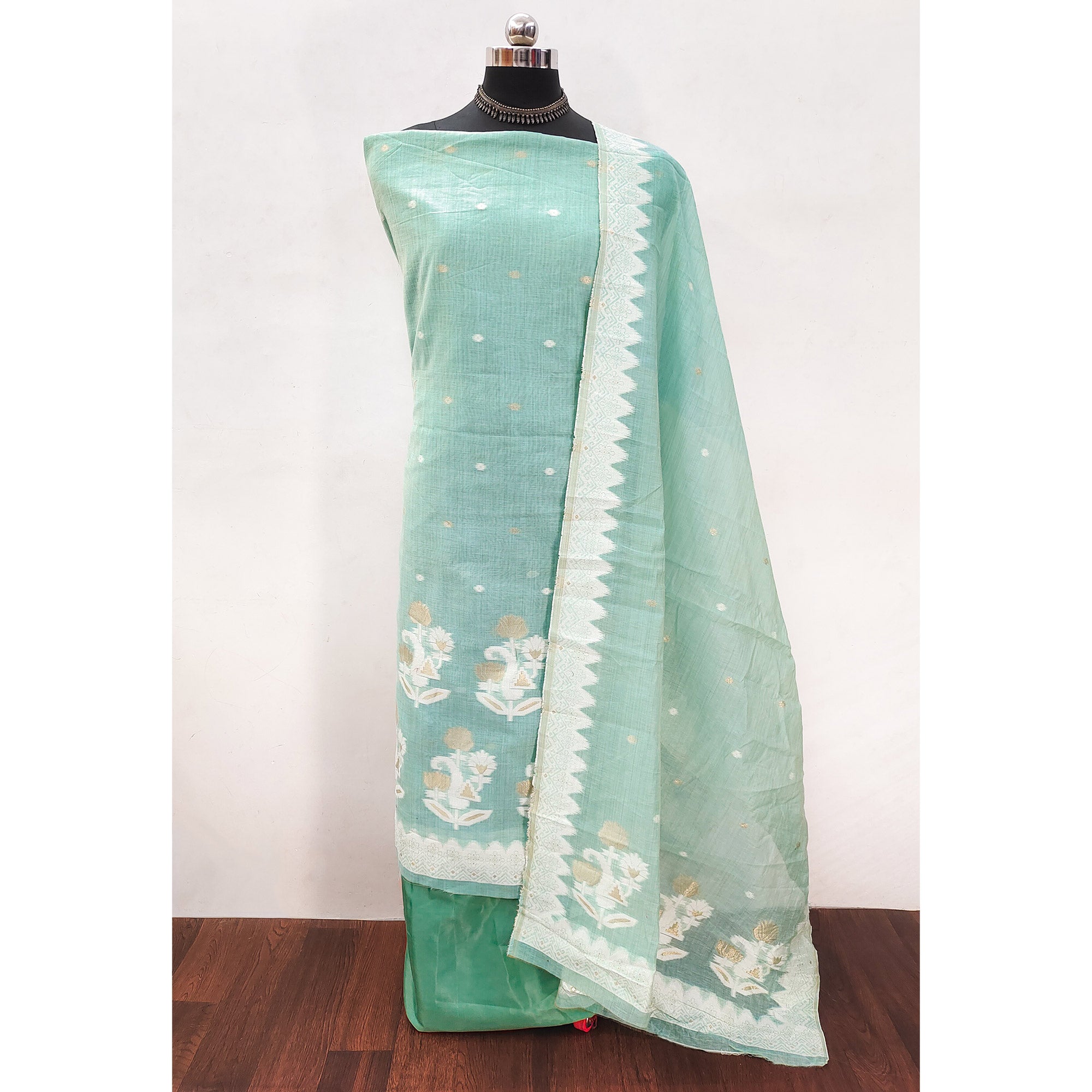 Turquoise Floral Woven Banarasi Silk Dress Material