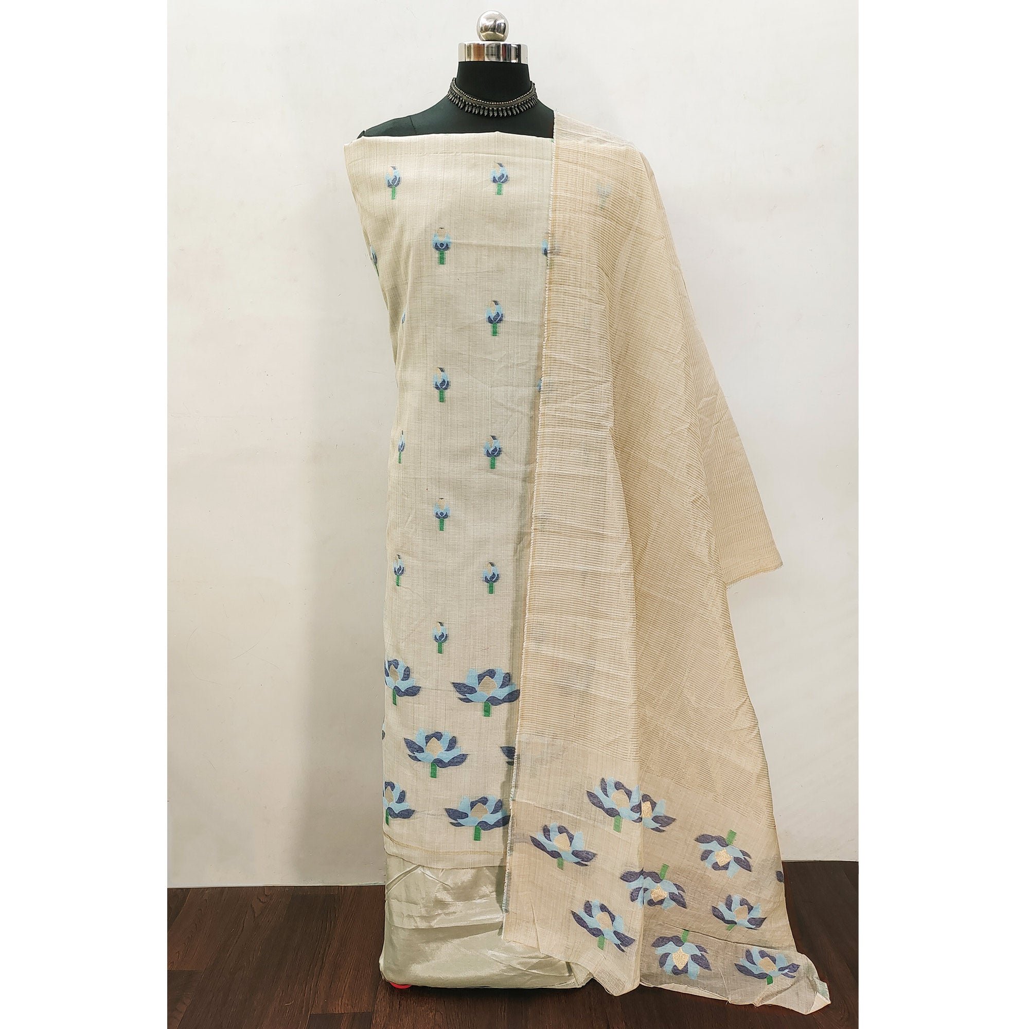 Cream & Blue Floral Woven Banarasi Silk Dress Material
