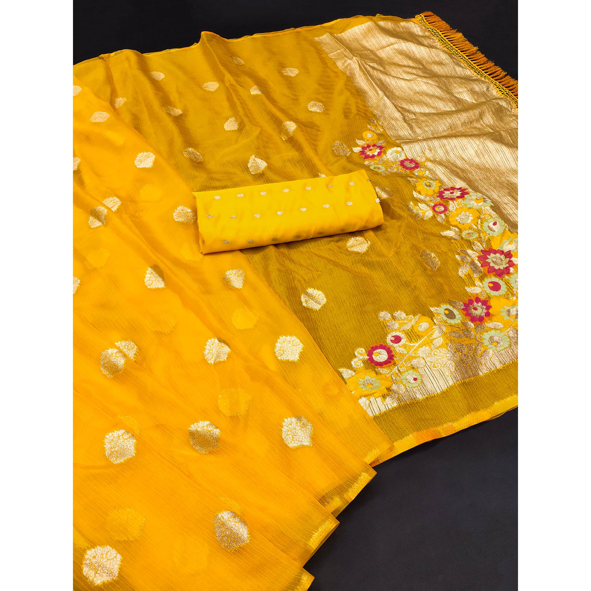 Yellow Floral Woven Organza Saree With Tassels