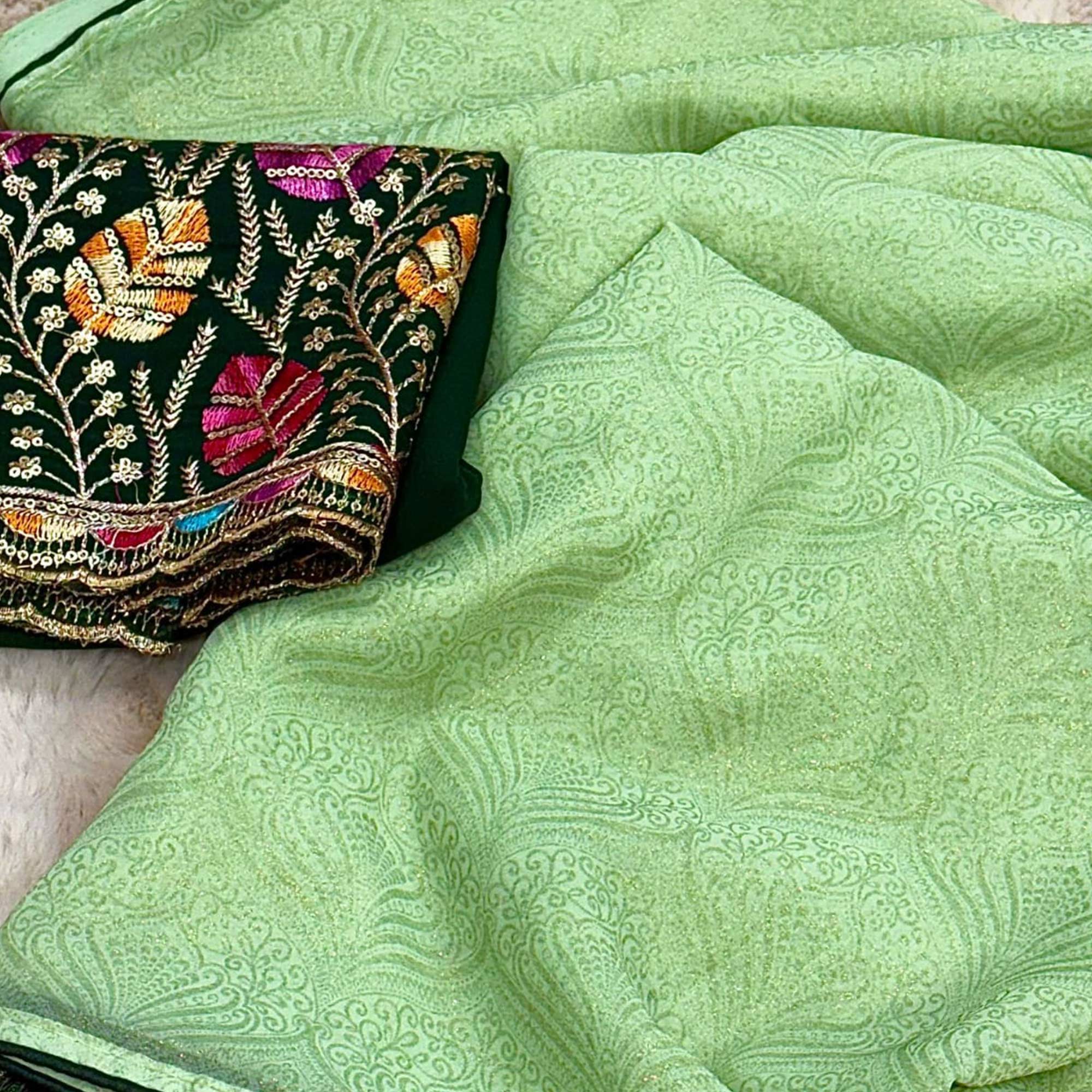 Green Floral Printed Georgette Saree