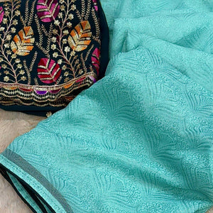 Turquoise Floral Printed Georgette Saree