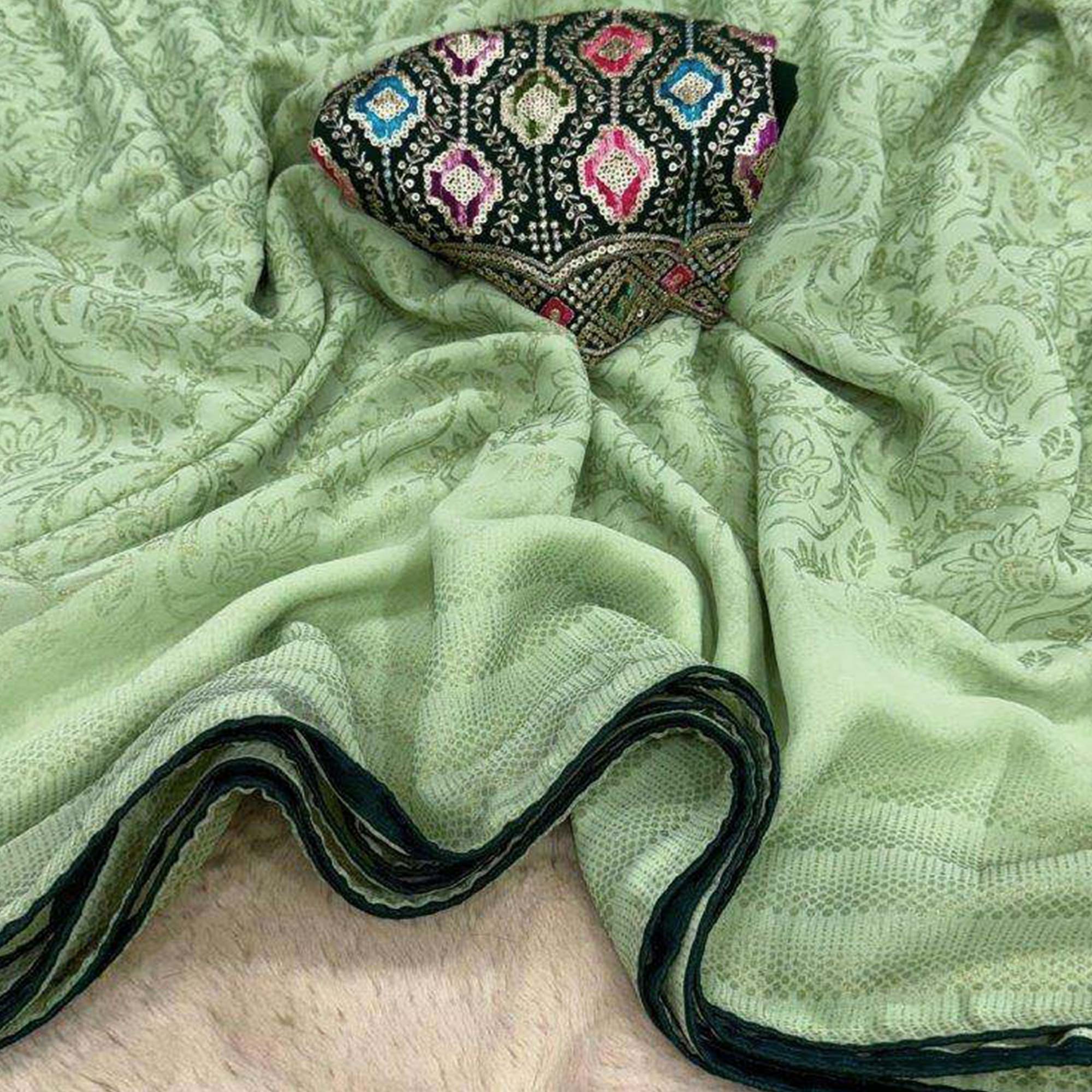 Green Floral Printed Georgette Saree