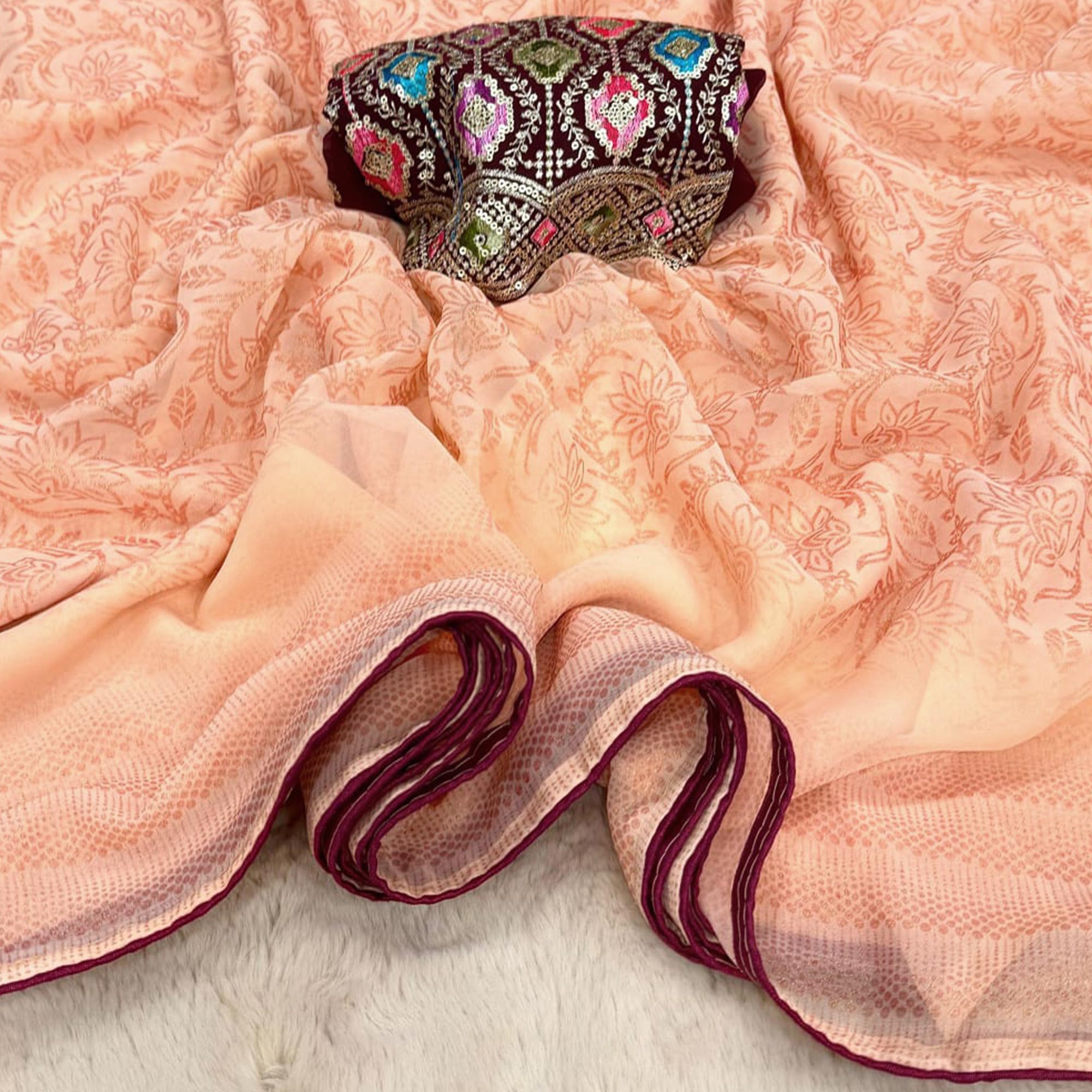 Light Peach Floral Printed Georgette Saree