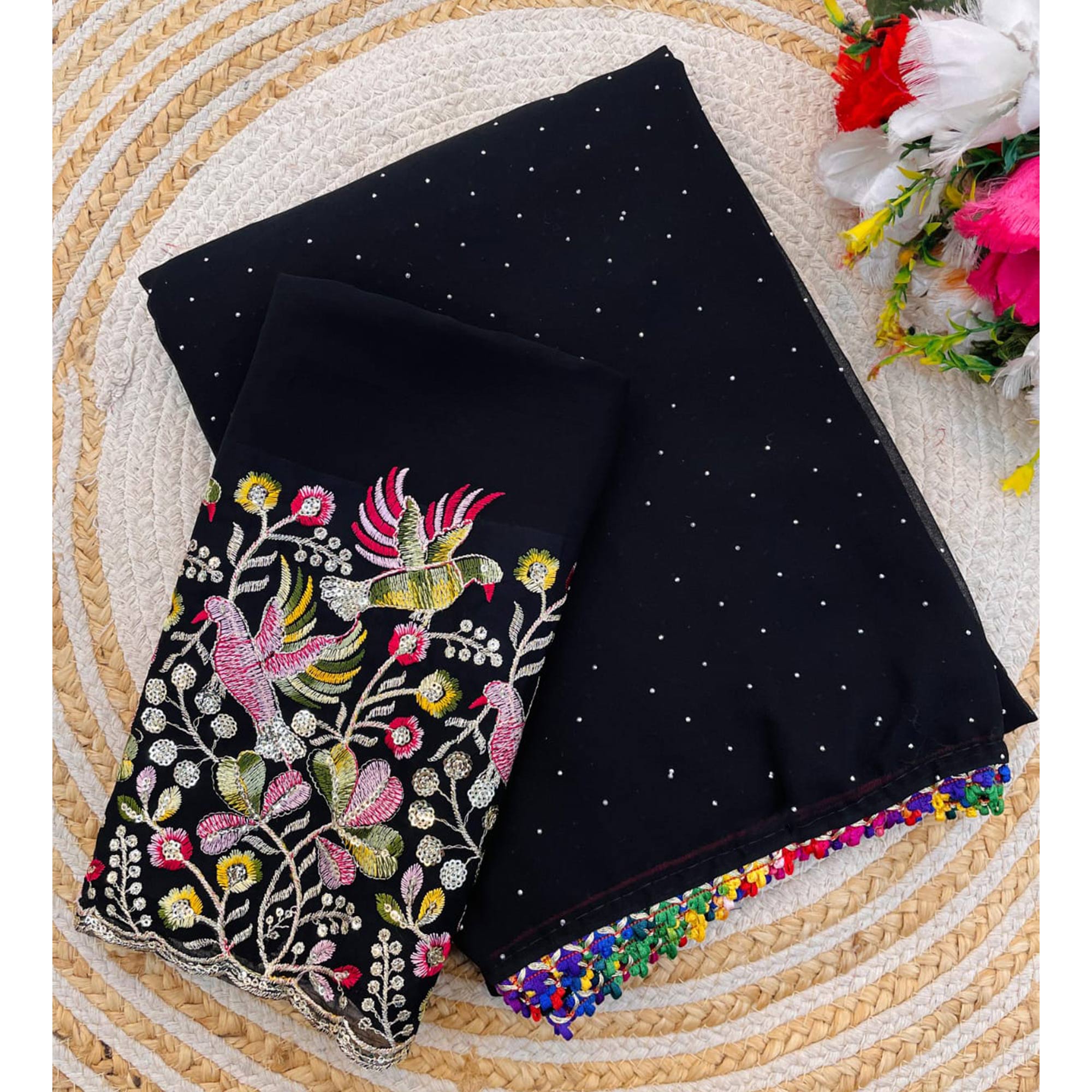 Black Swarovski Work Embroidered Georgette Saree