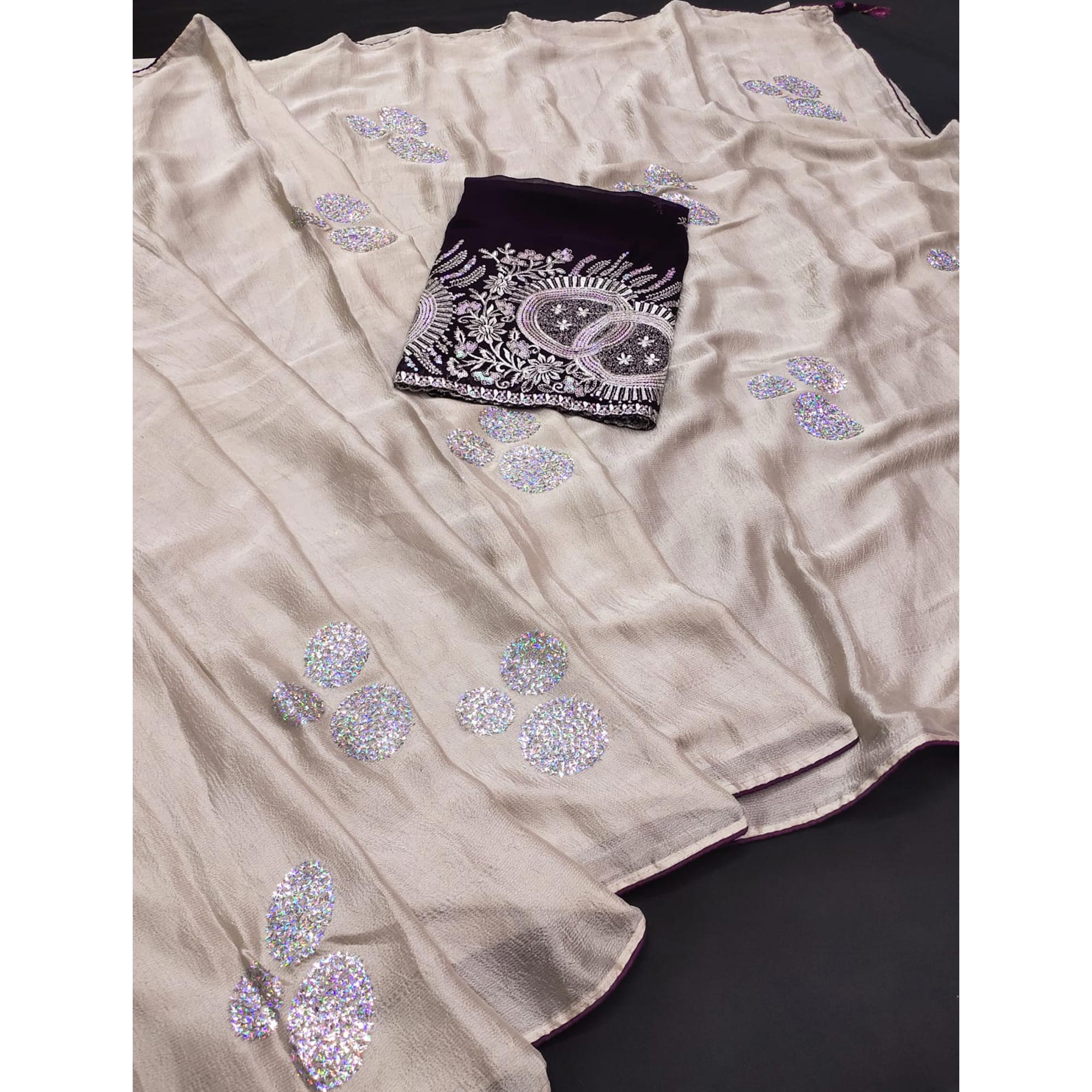 Beige Mirror Work Embroidered Chiffon Saree