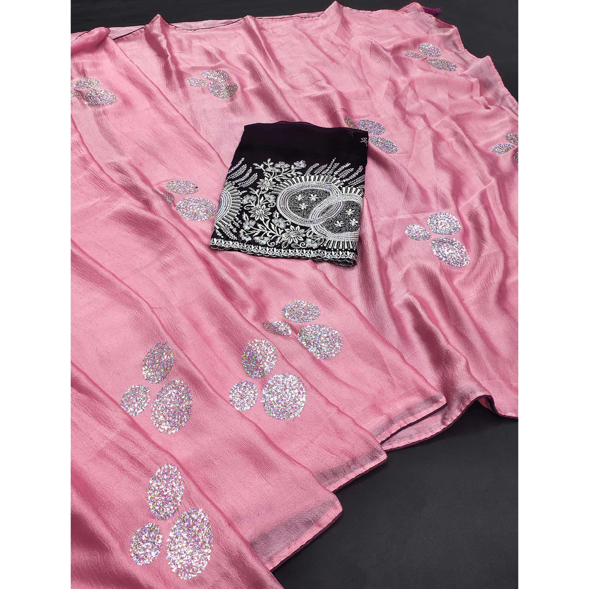 Pink Mirror Work Embroidered Chiffon Saree