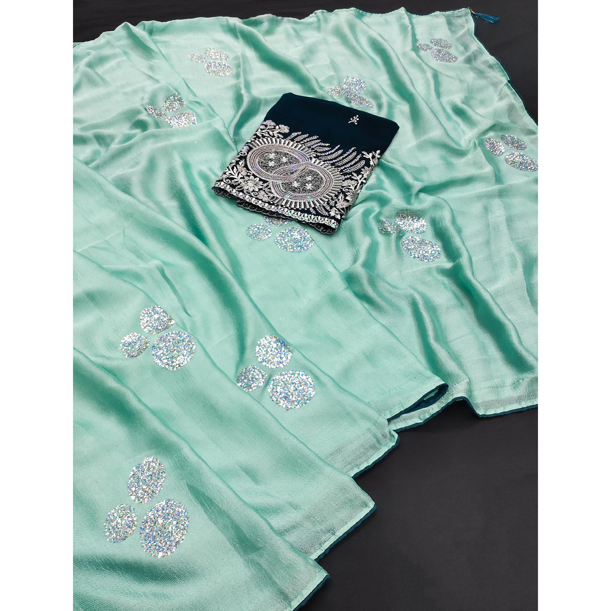 Sea Green Mirror Work Embroidered Chiffon Saree