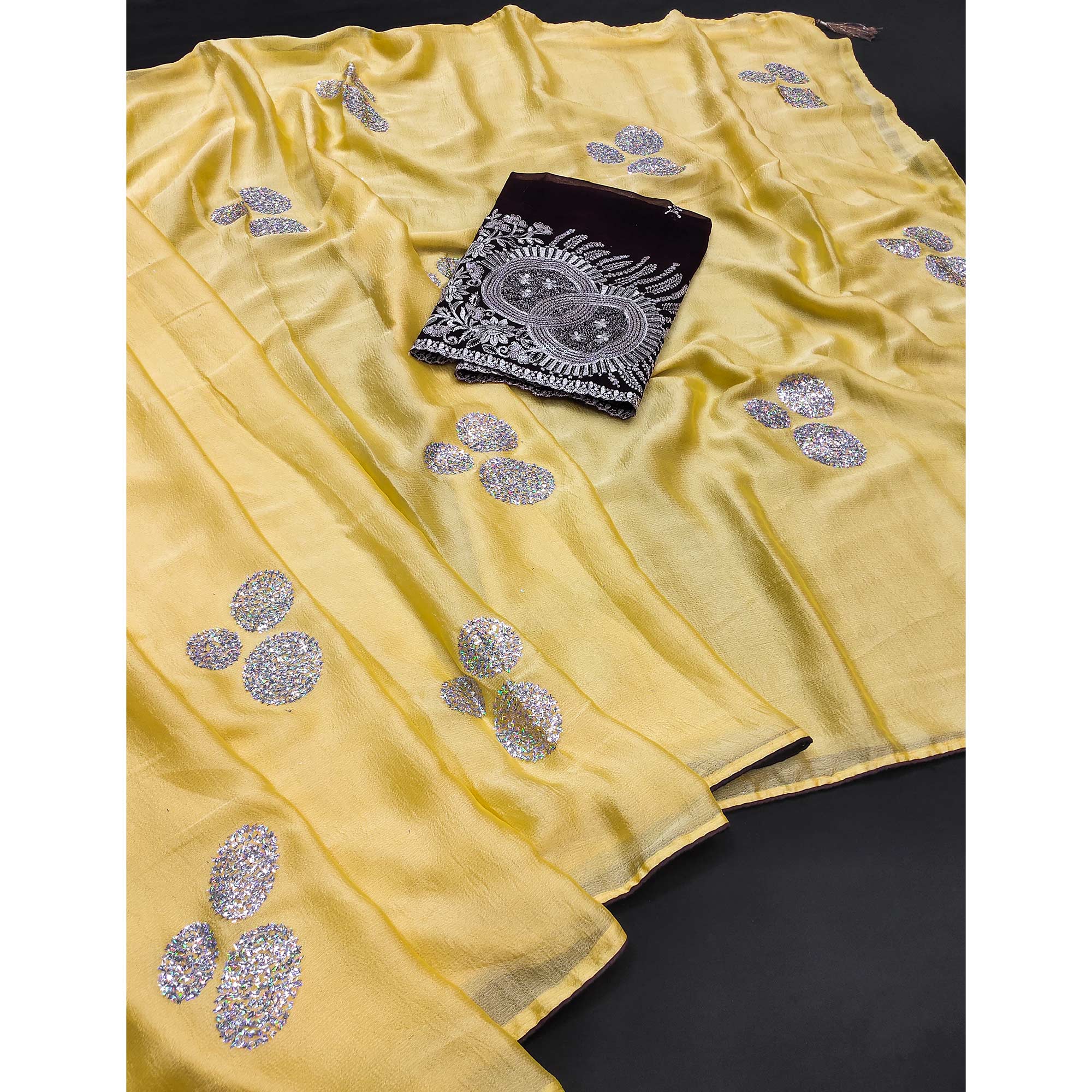 Yellow Mirror Work Embroidered Chiffon Saree