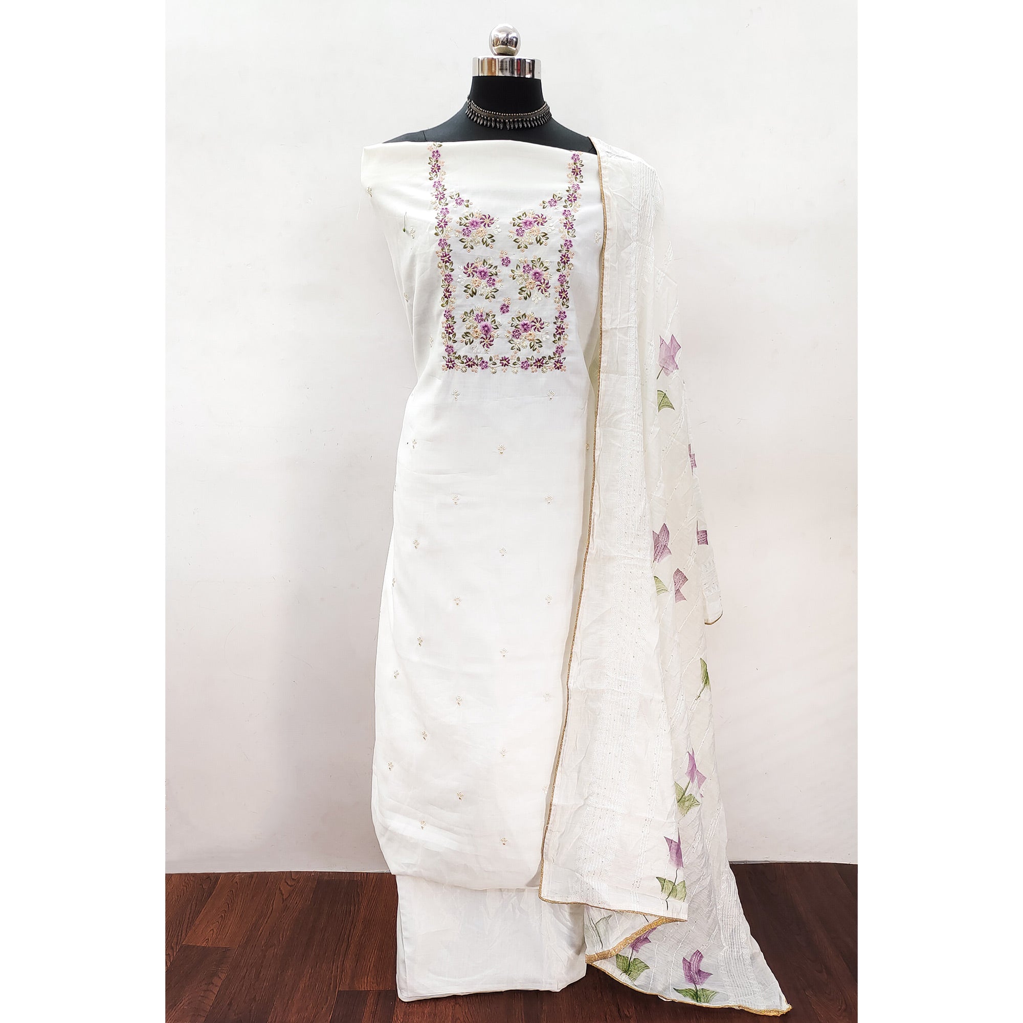 White Floral Embroidered Viscose Dress Material