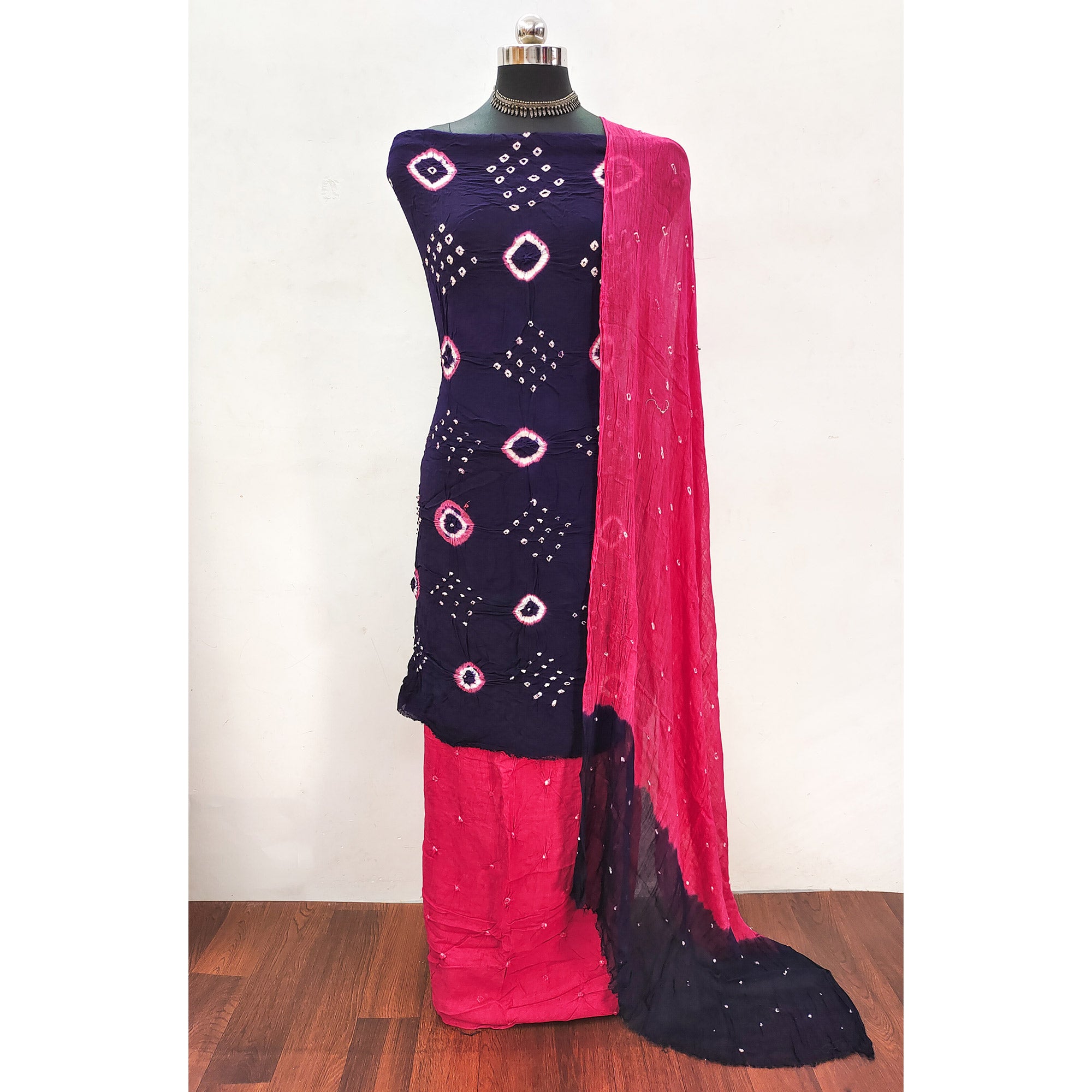 Blue & Pink Tie & Dye Printed Rayon Dress Material