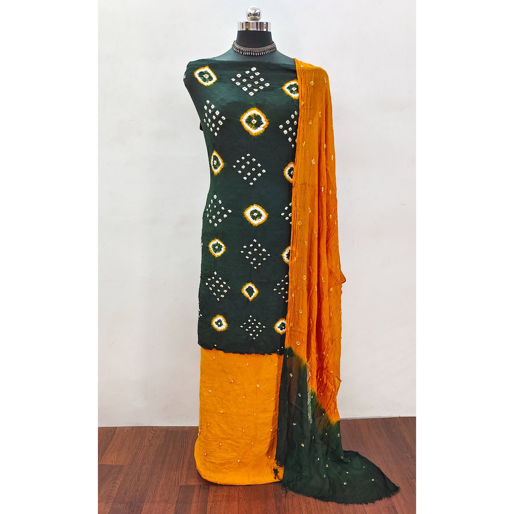 Green Tie & Dye Printed Rayon Dress Material