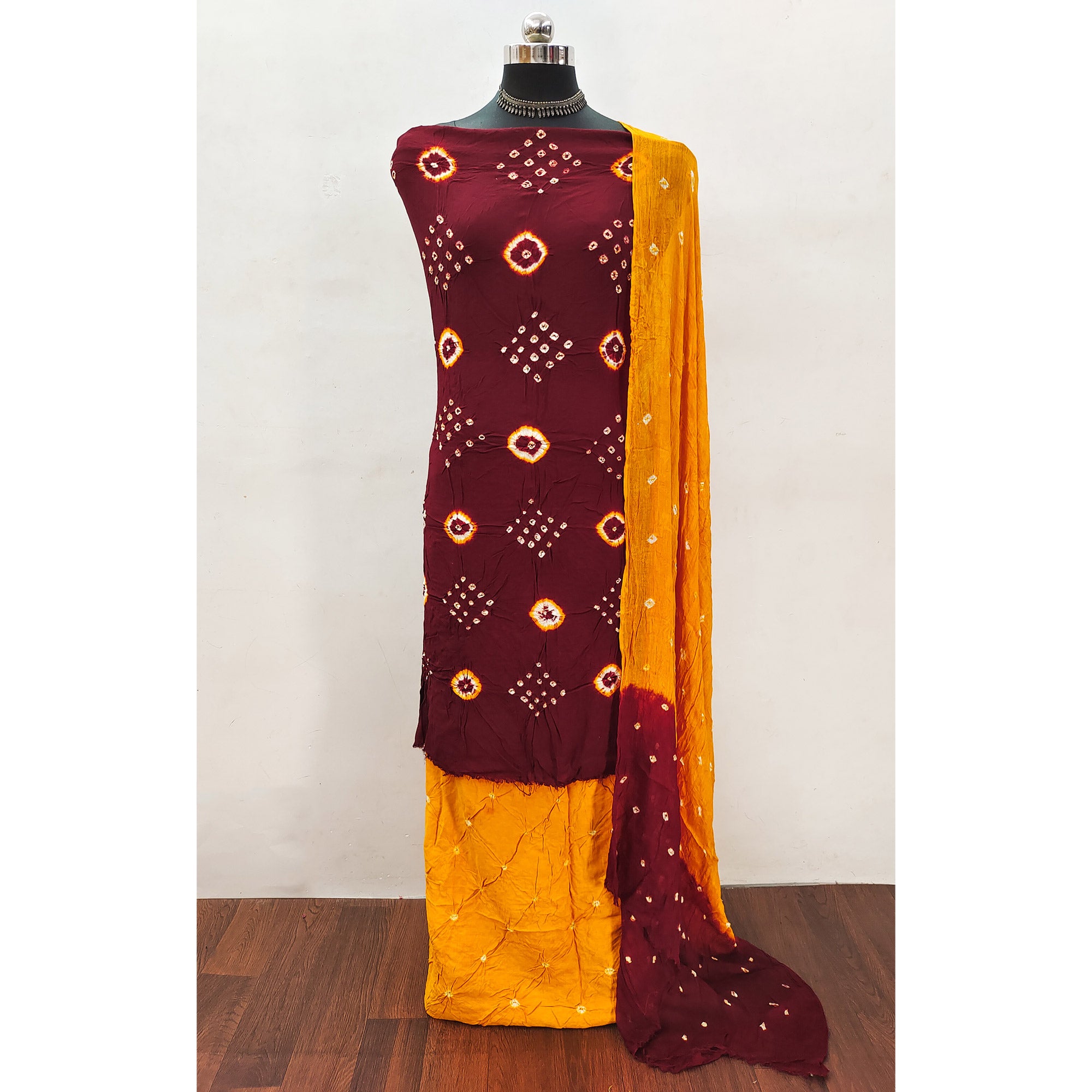 Maroon Tie & Dye Printed Rayon Dress Material