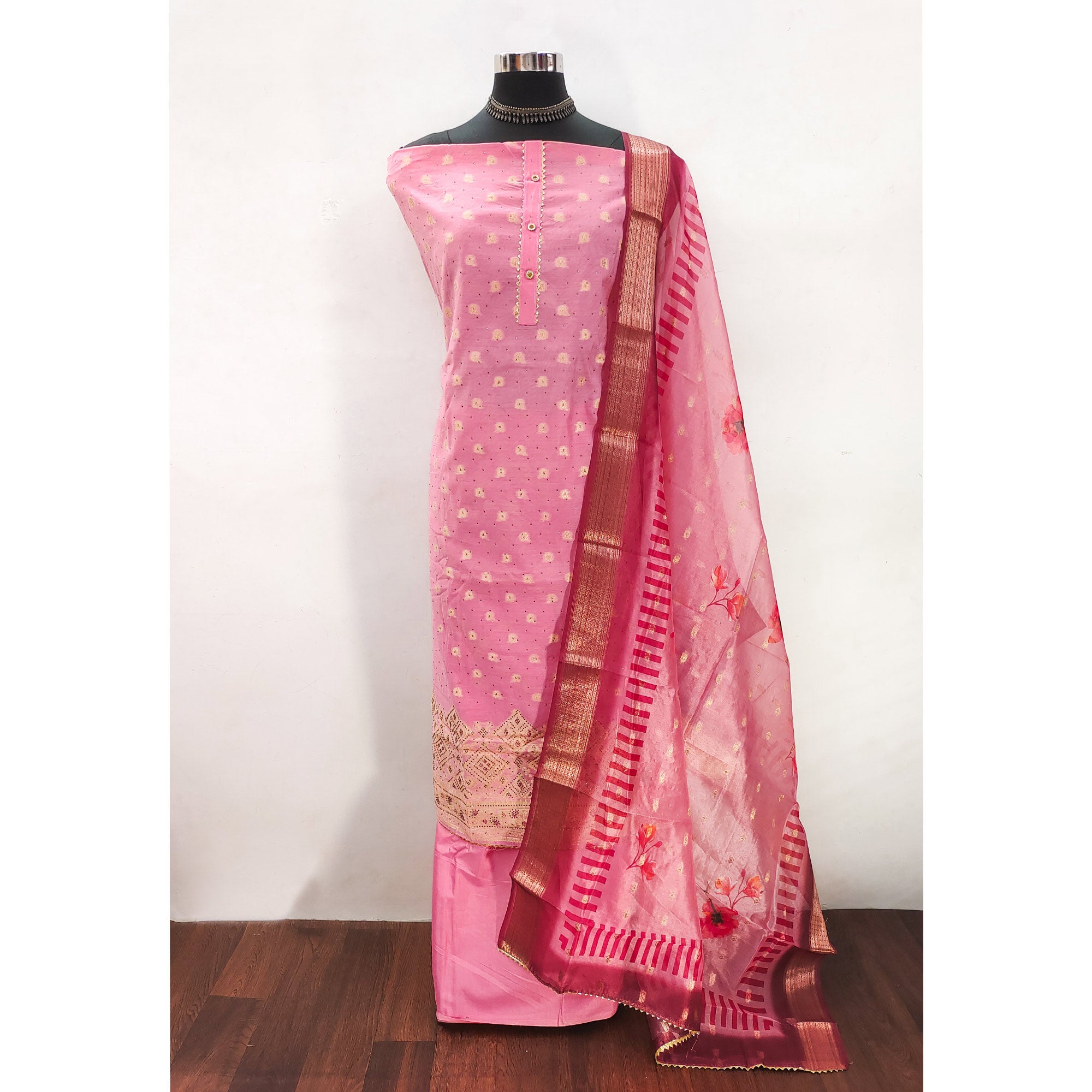 Gajari Pink Woven With Swarovski Work Banarasi Silk Dress Material