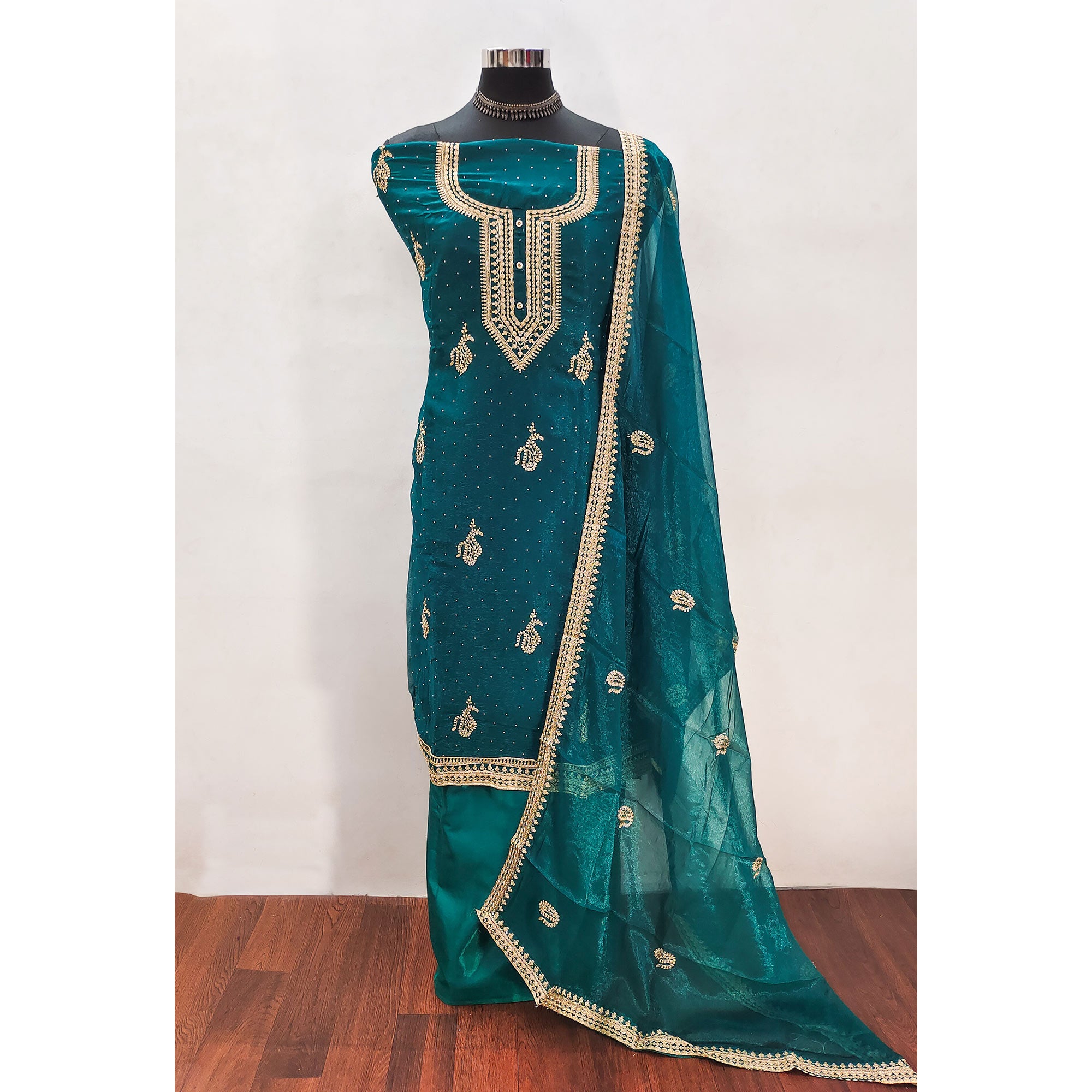 Teal Floral Embroidery With Swarovski Work Georgette Dress Material