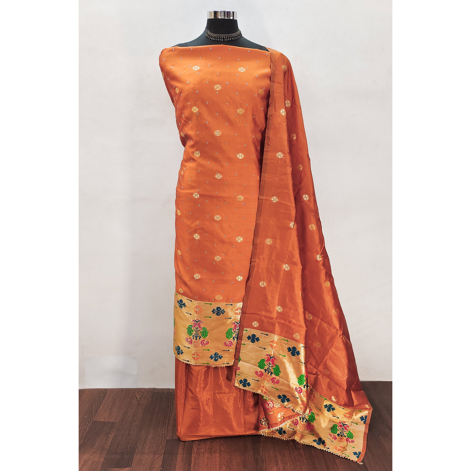 Orange Floral Woven With Swarovski Work Banarasi Silk Dress Material