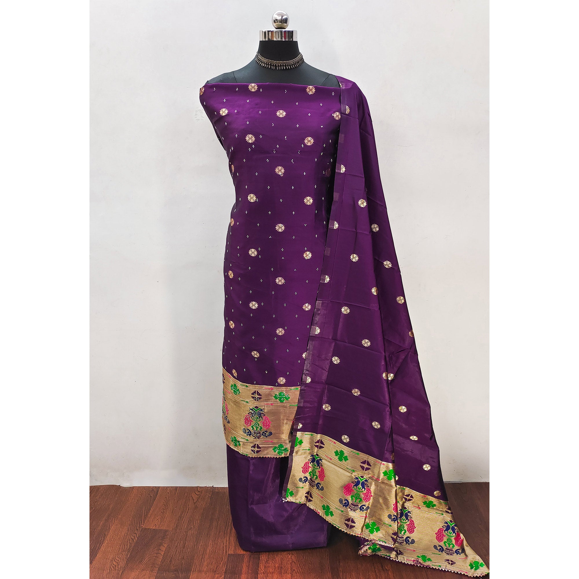 Purple Floral Woven With Swarovski Work Banarasi Silk Dress Material